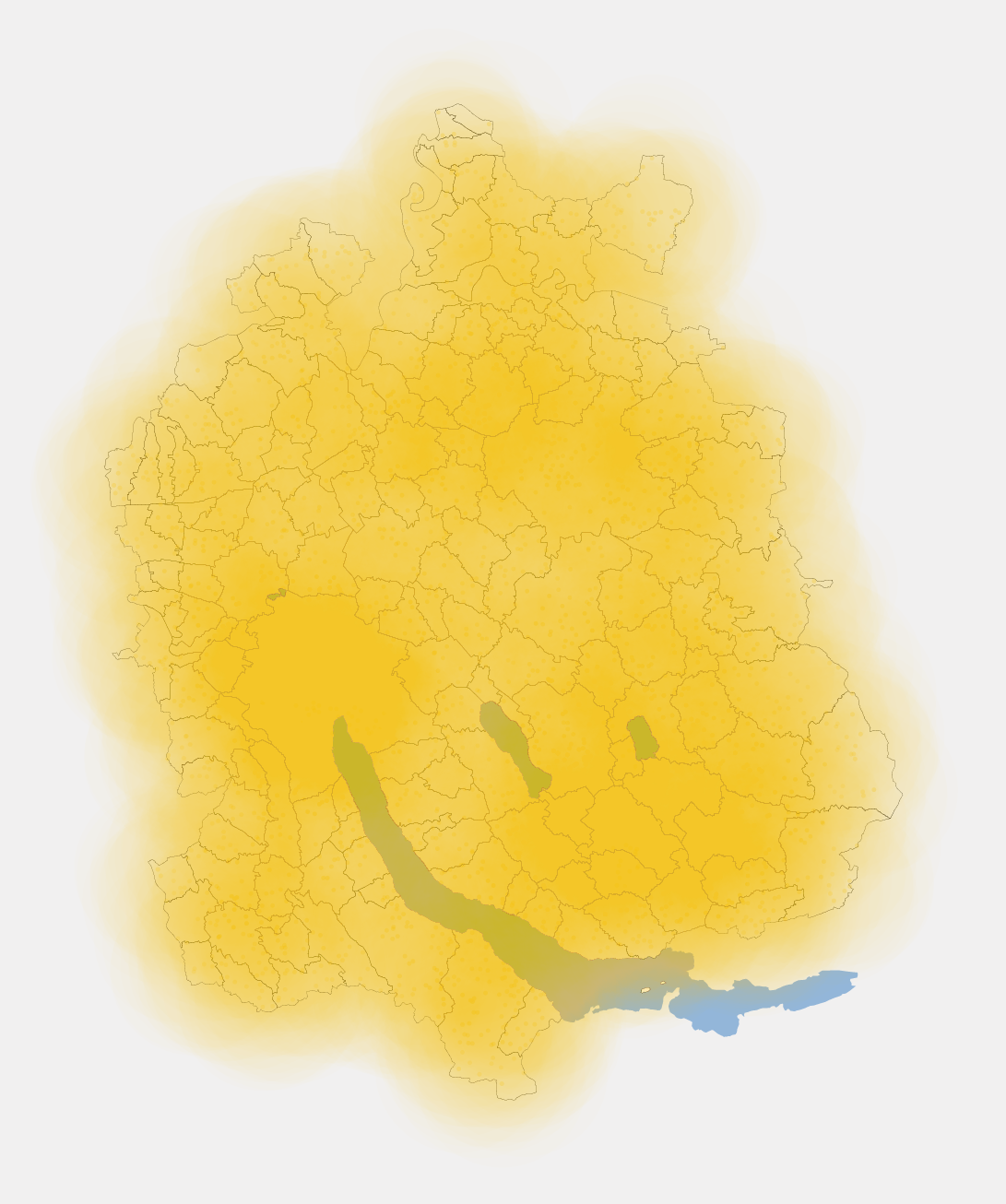 Overlay of the flight distances of 5 km around every beeshed showing the "bee coverage" in the canton of Zurich. Source: GIS ZH.
