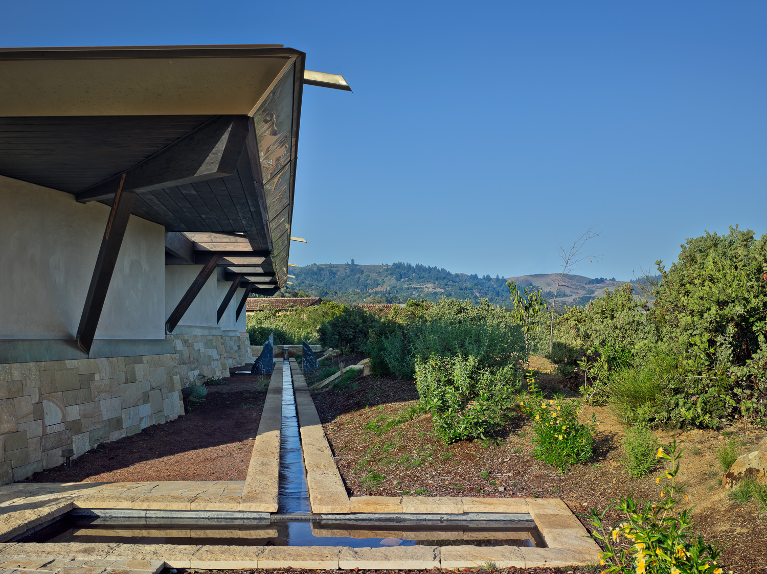Net zero water feature from east | Northern California Residence | PARABOLA Architecture