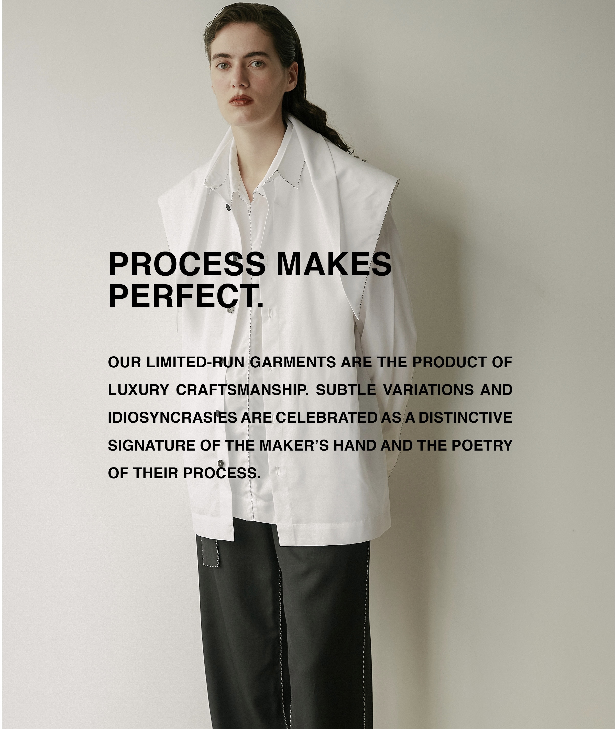 A poster of a woman in a Max Thomas Sanderson outfit, overlaid with the headline: Process Makes Perfect..