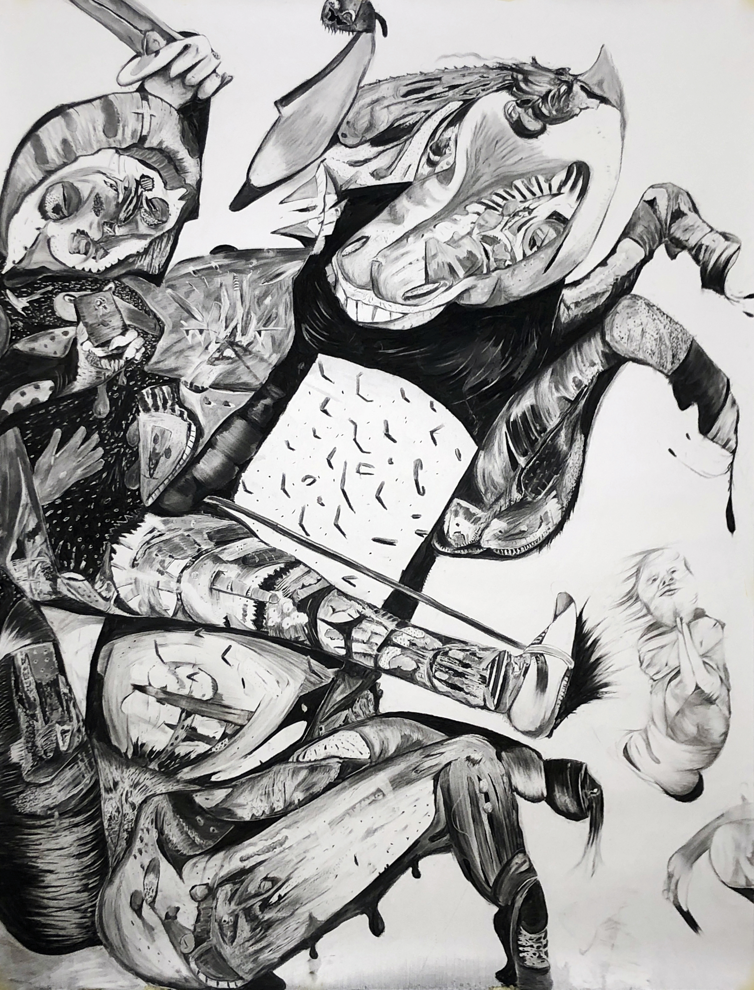 "Horseriding", 2024. Charcoal on paper, 200 x 150 cm