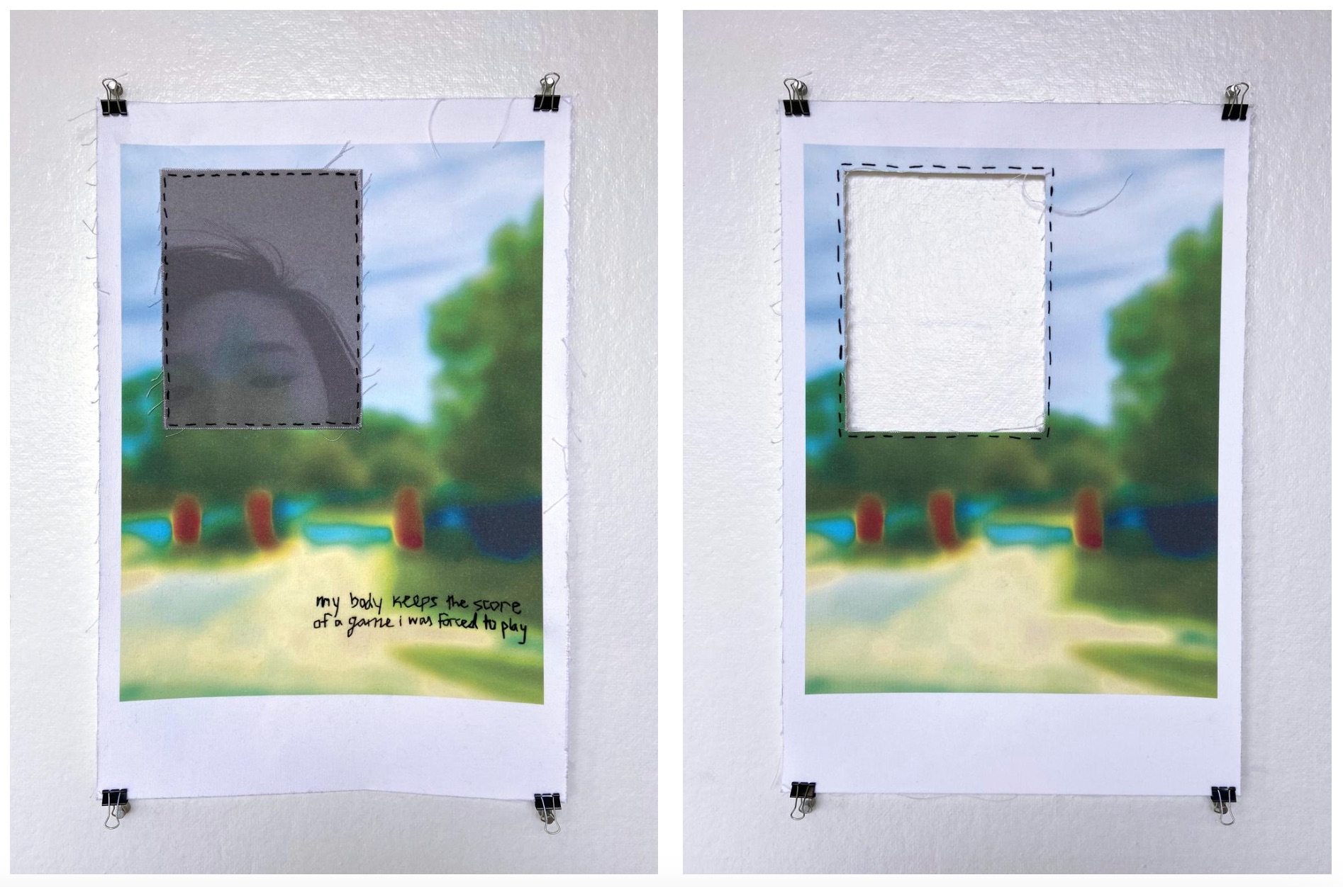 each 15" x 24" - digitally printed image and embroidery thread on canvas (2021)