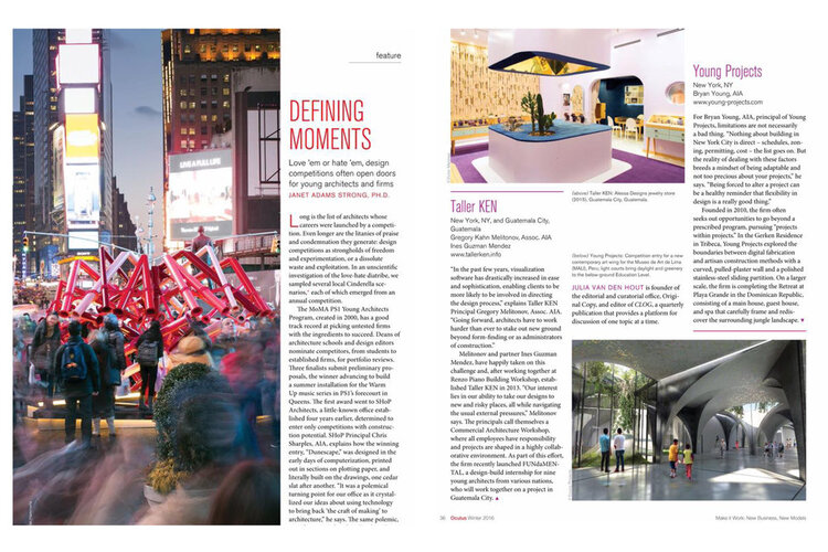 19 December 2016 Happy to make two appearances in the Winter issue of Oculus. Young Projects 2014 Match-Maker in Times Square and our Competition entry for MALI! Thanks Oculus! And congrats to the other NPNY winners! 