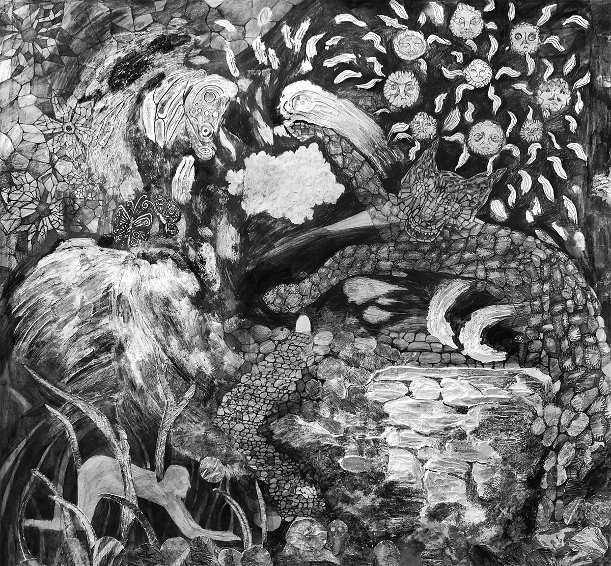 벽과 바깥 사이의 세계, 2020, 종이에 흑연, 콜라주, 혼합재료, 97x105cm