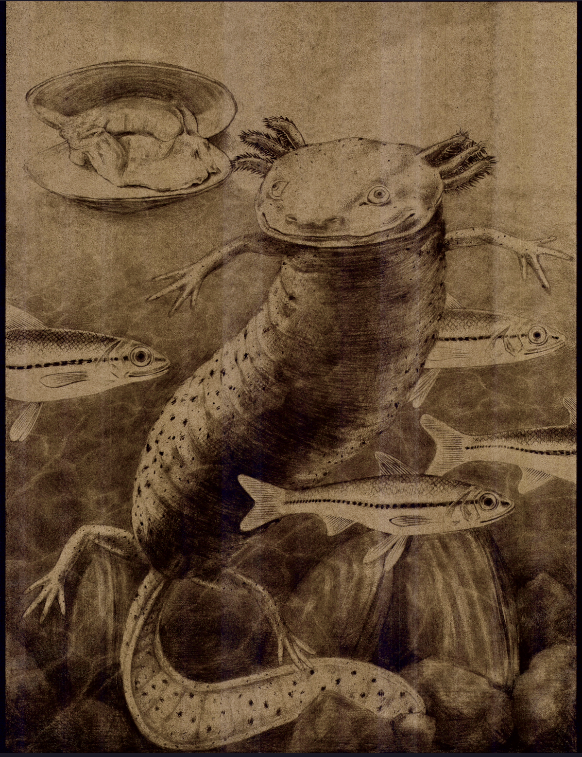 Neuse River Waterdog. 11"x14" gold ink on black paper