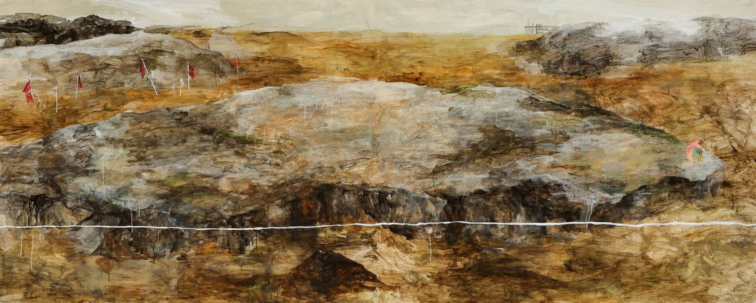 빛나지 않는 고민 acrylic, gouache on Korean paper 130x326cm 2014