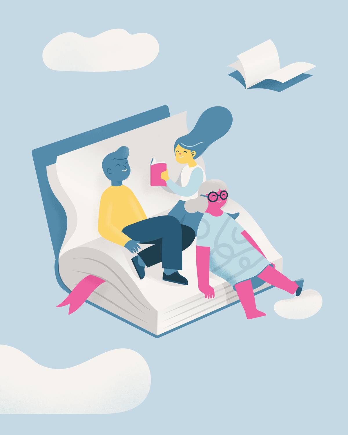 Conceptual illustration. A group of people is flying over a book while reading ad sharing stories.