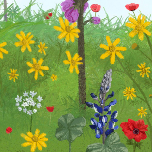 A close up of an illustration of a field with flowers