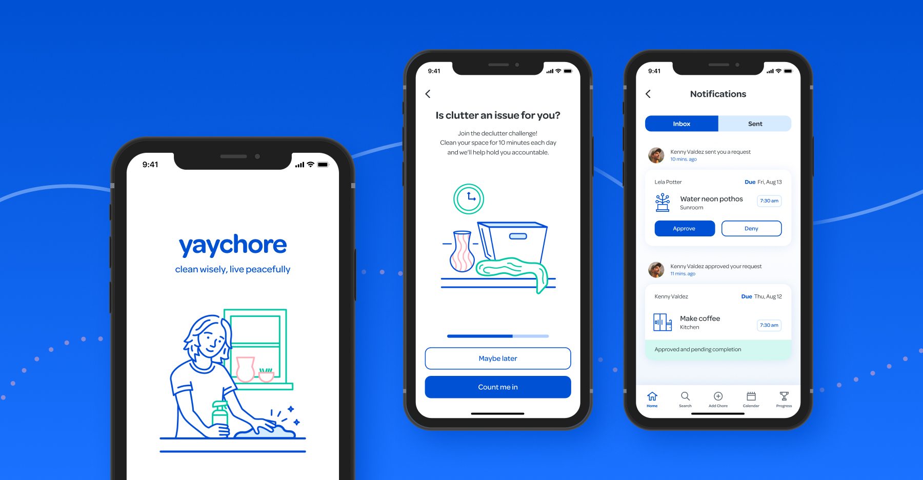 Screen designs of Yaychore's login, a decluttering challenge promotion and chore notifications.