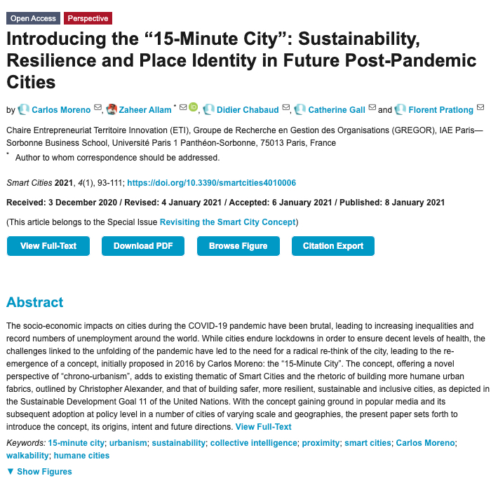 Introducing the “15-Minute City”: Sustainability, Resilience and Place Identity in Future Post-Pandemic Cities