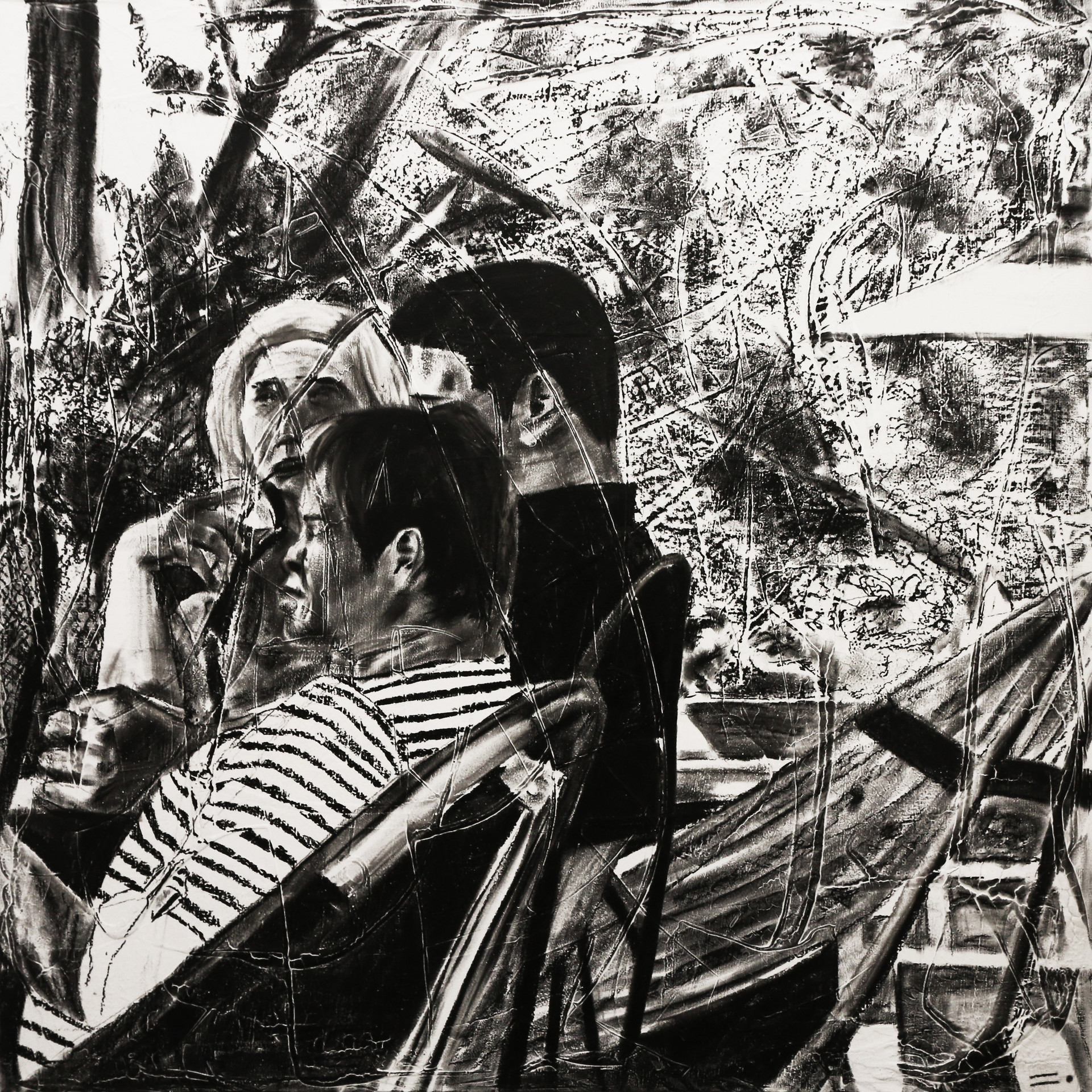 제주도에서 만난 어떤 가족, 2019, charcoal, industrial paint on abandoned canvas, 100*100(cm)