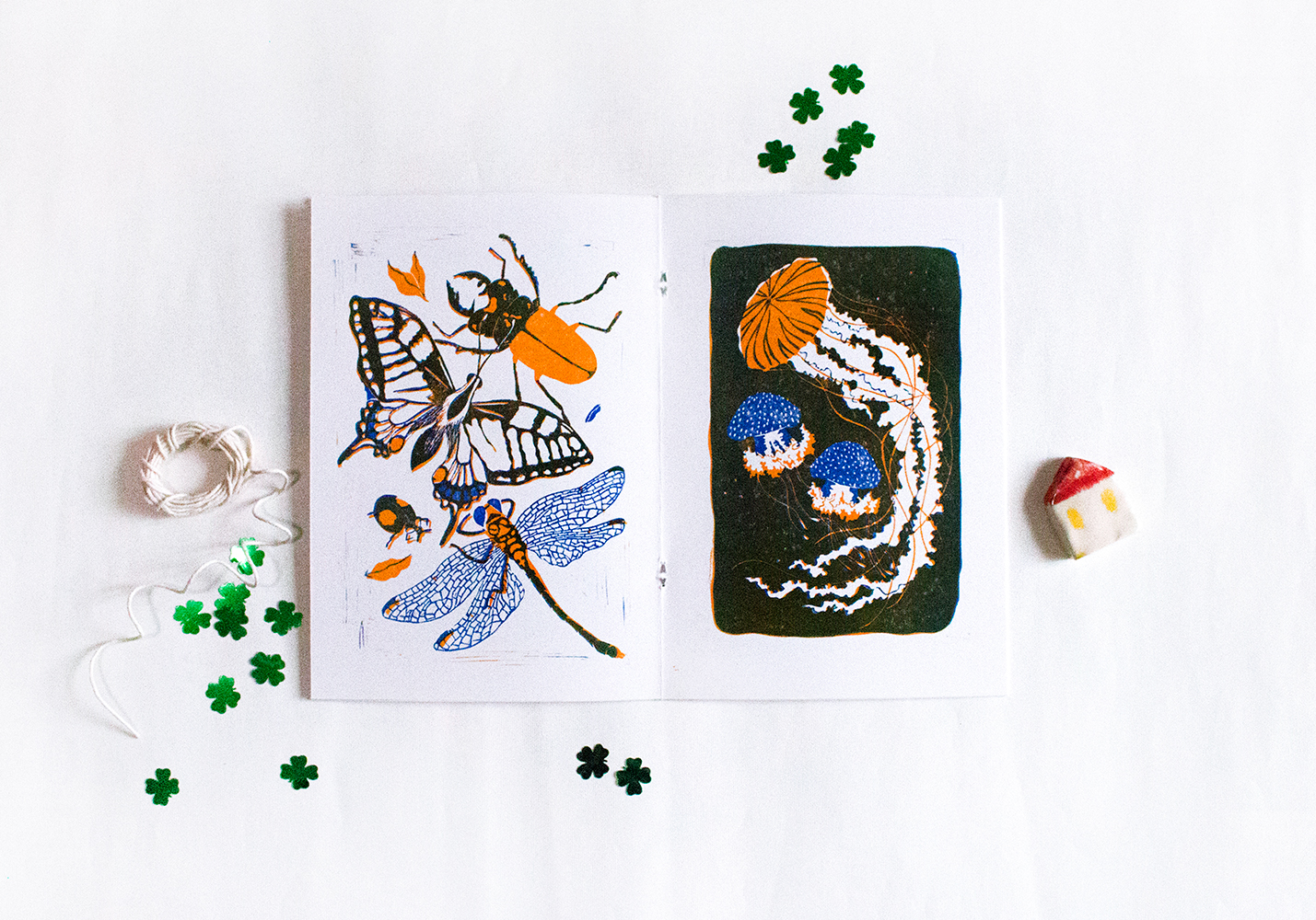 A butterfly, a beetle, a dragonfly and three jellyfishes