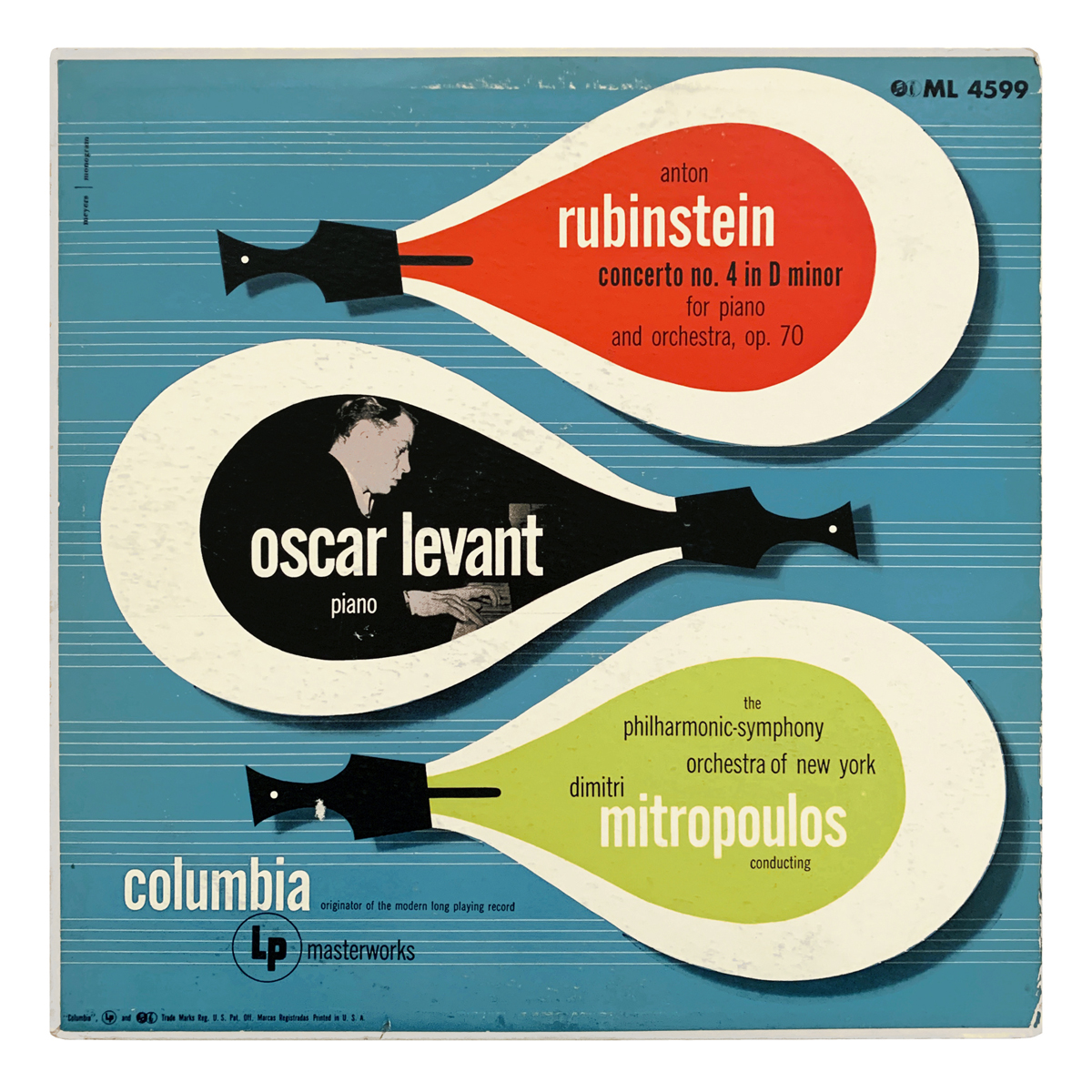 Columbia Masterworks ML 4599 Anton Rubinstein - Piano Concerto No.4 in D minor, Op.70 New York Philharmonic - Dimitri Mitropoulos Oscar Levant Design: Herb Meyers | monogram (credited)