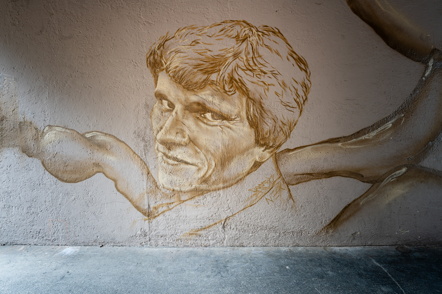 Bild 1 Memurial: Graffiti Portr&auml;t von Robert Wiedemann in gedeckten Braunt&ouml;nen.