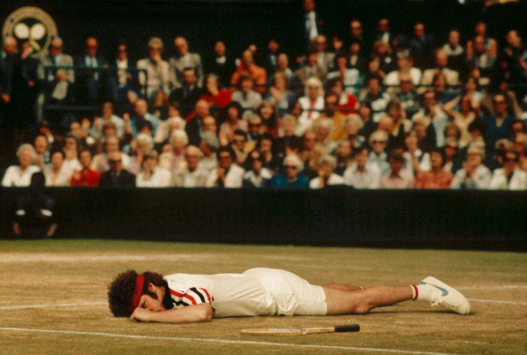 Here Samberg re-enacts Iooss' photograph of a famous McEnroe moment at Wimbledon from 1980.