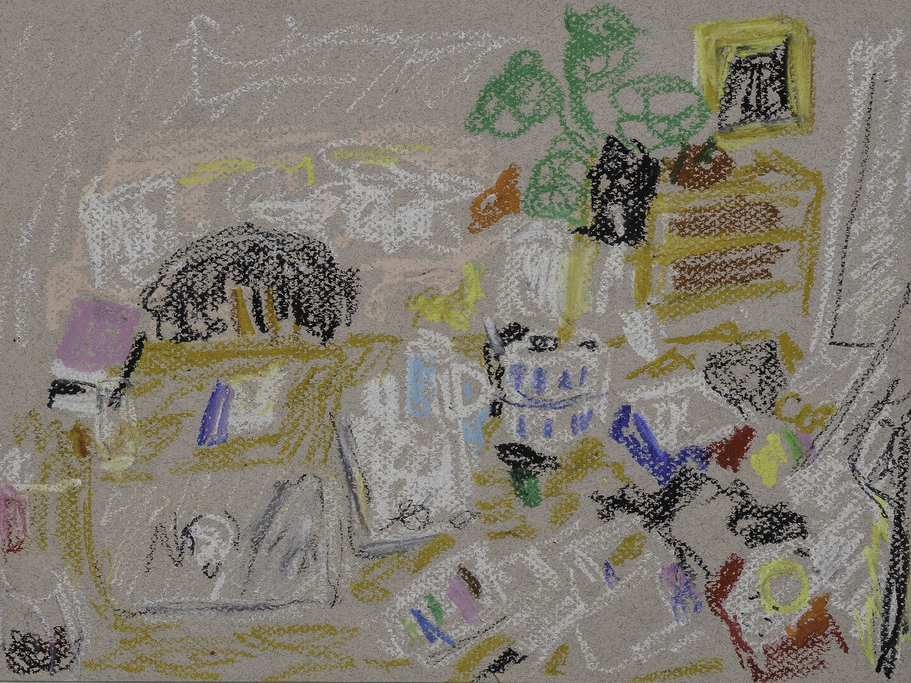 3 AM Desktop   (2021)  Interiorism & Exteriorism  12 x 9 in  Oil Bar on Cotton Paper