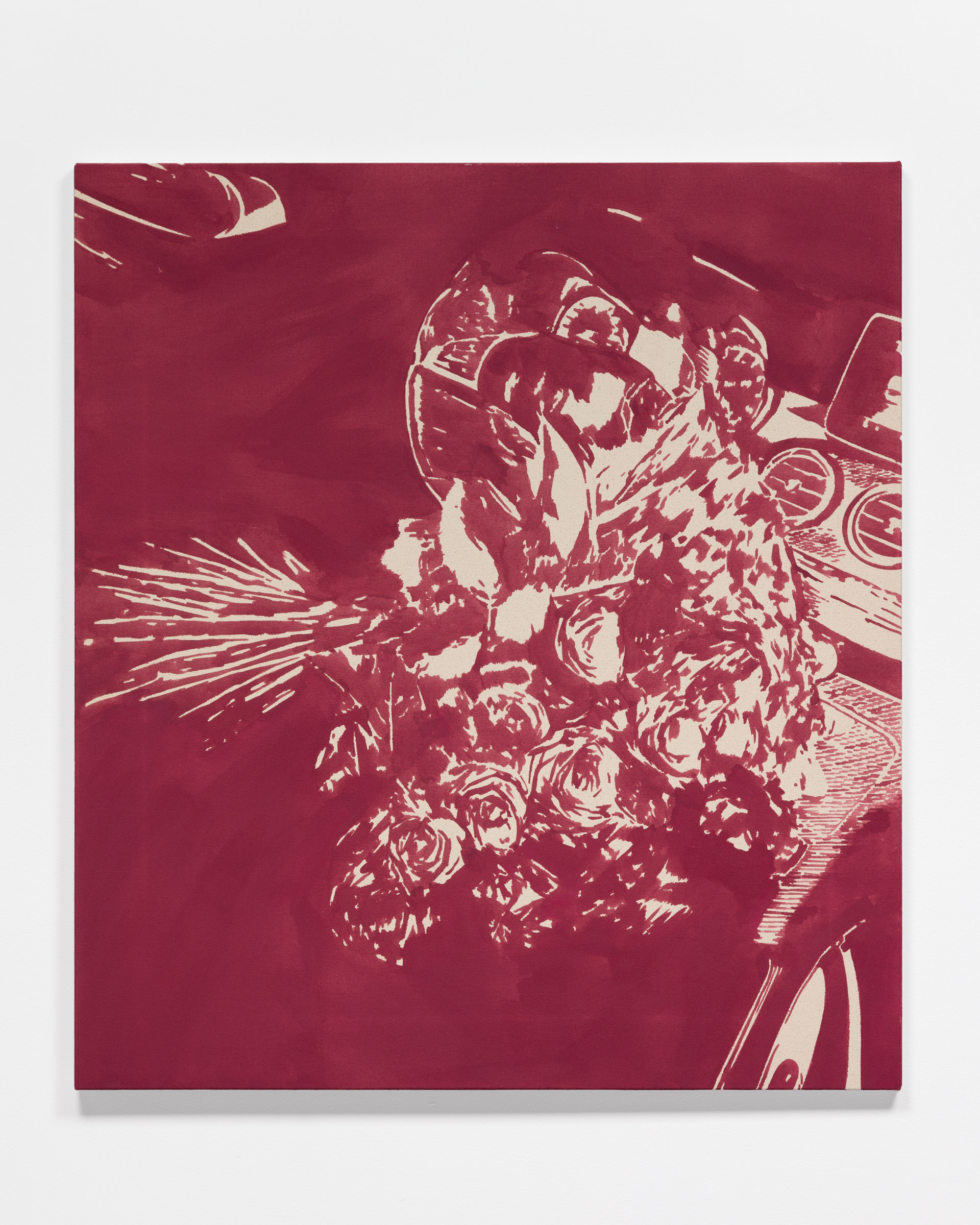 “Trigger Finger 2/12 (Bouquet of Roses in Front Passenger Seat)”, gouache on canvas, 38” X 34” / 96.52cm X 86.36cm, 2024