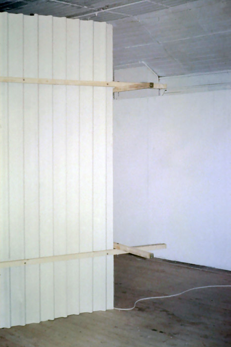 Sweeney, solo Installation at Catalyst Gallery, Belfast, video, film, sound works, steel cladding, wood