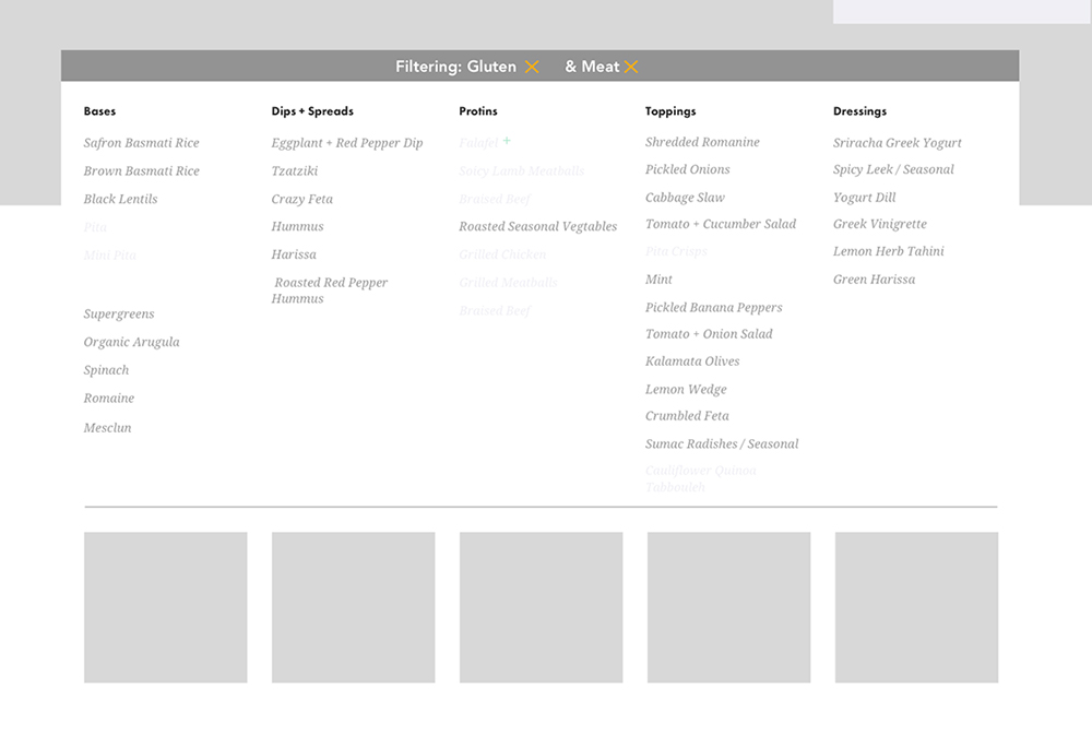 Top row: sketches for dynamic menu filtering. Bottom row: filtering wireframes.