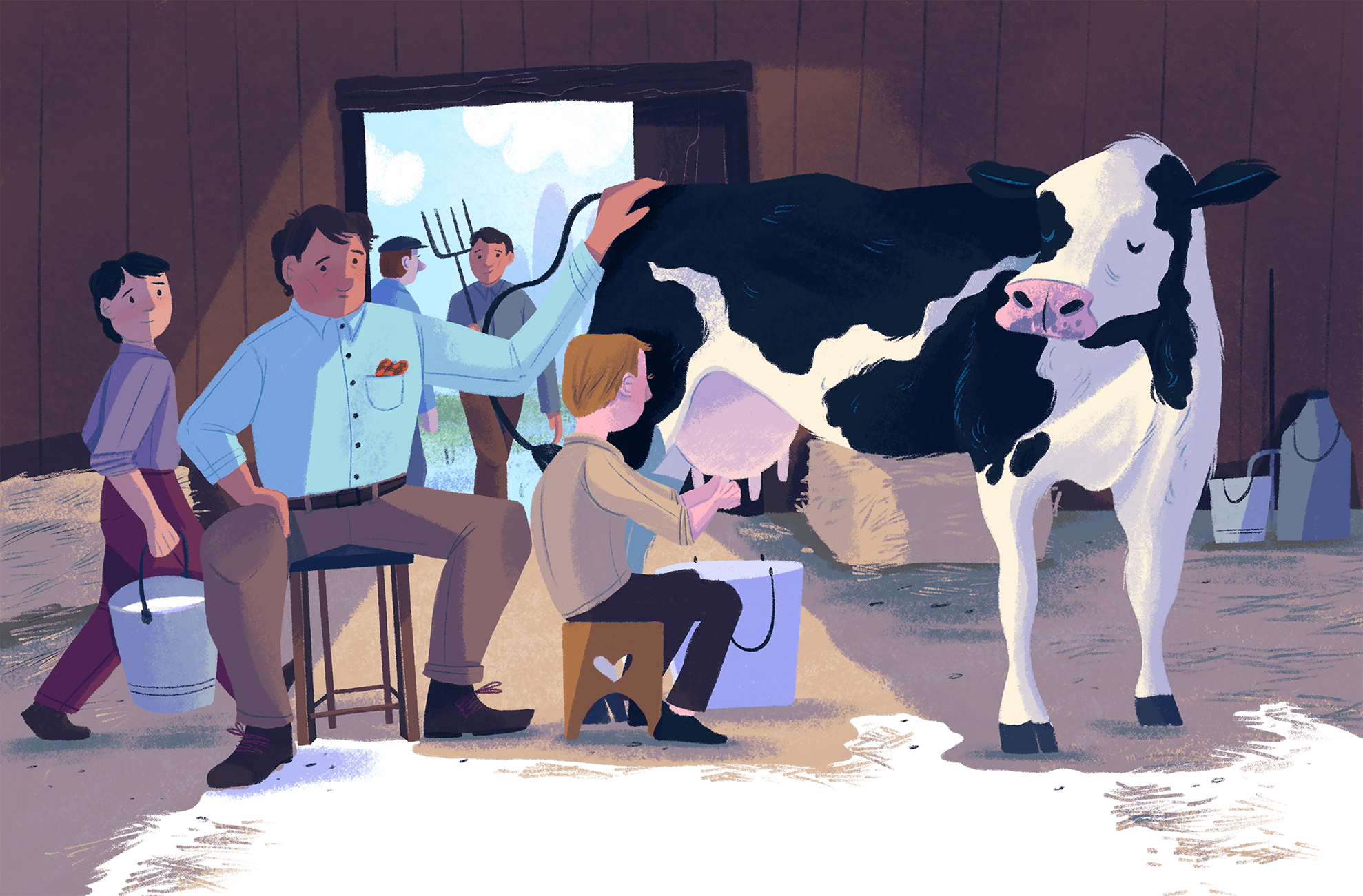 A man teaching a boy how to milk a cow in a barn.