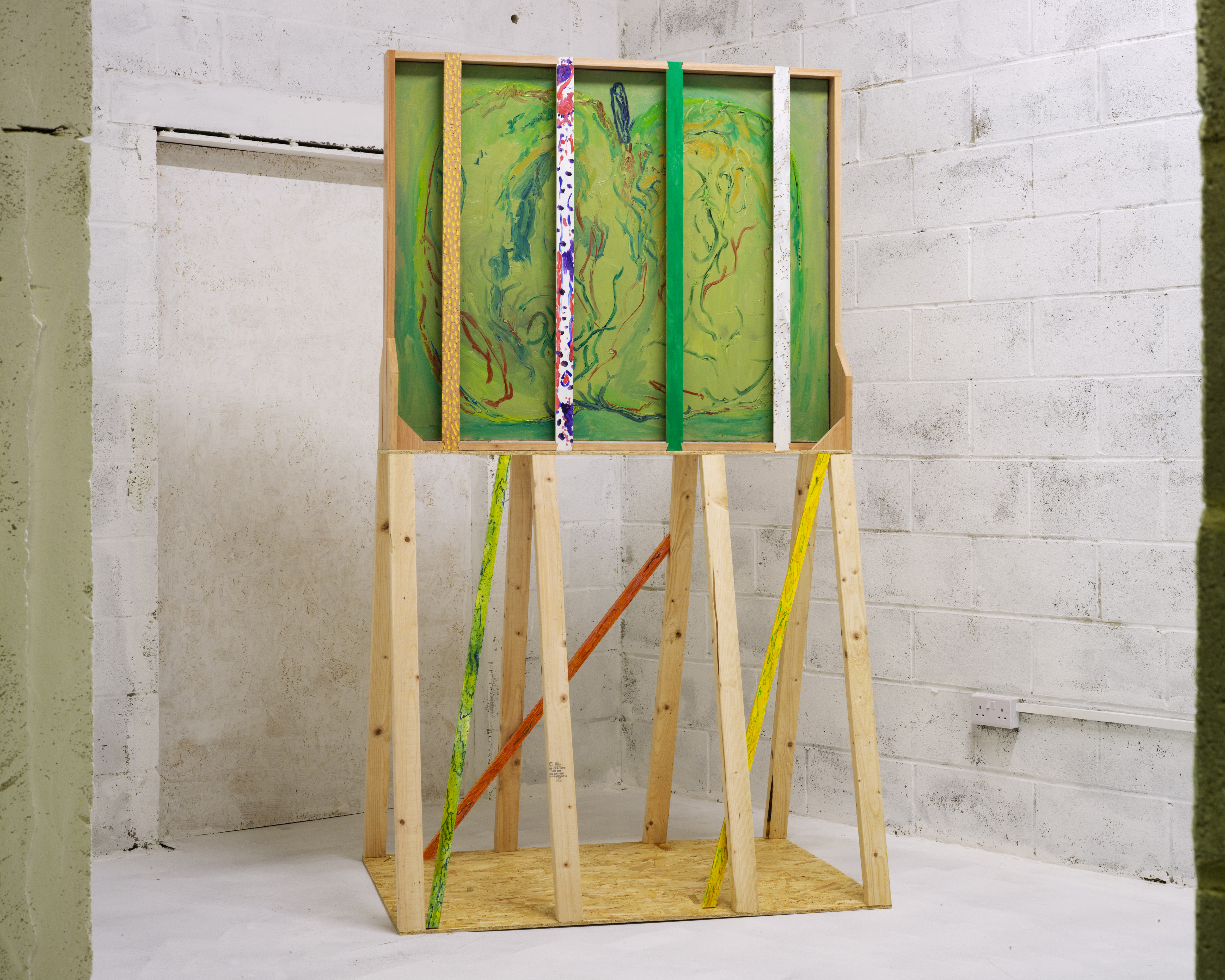 Acropolis II, 2025, oil on canvas, W/ meranti, pine, chipboard, & acrylic 221x125x93cm