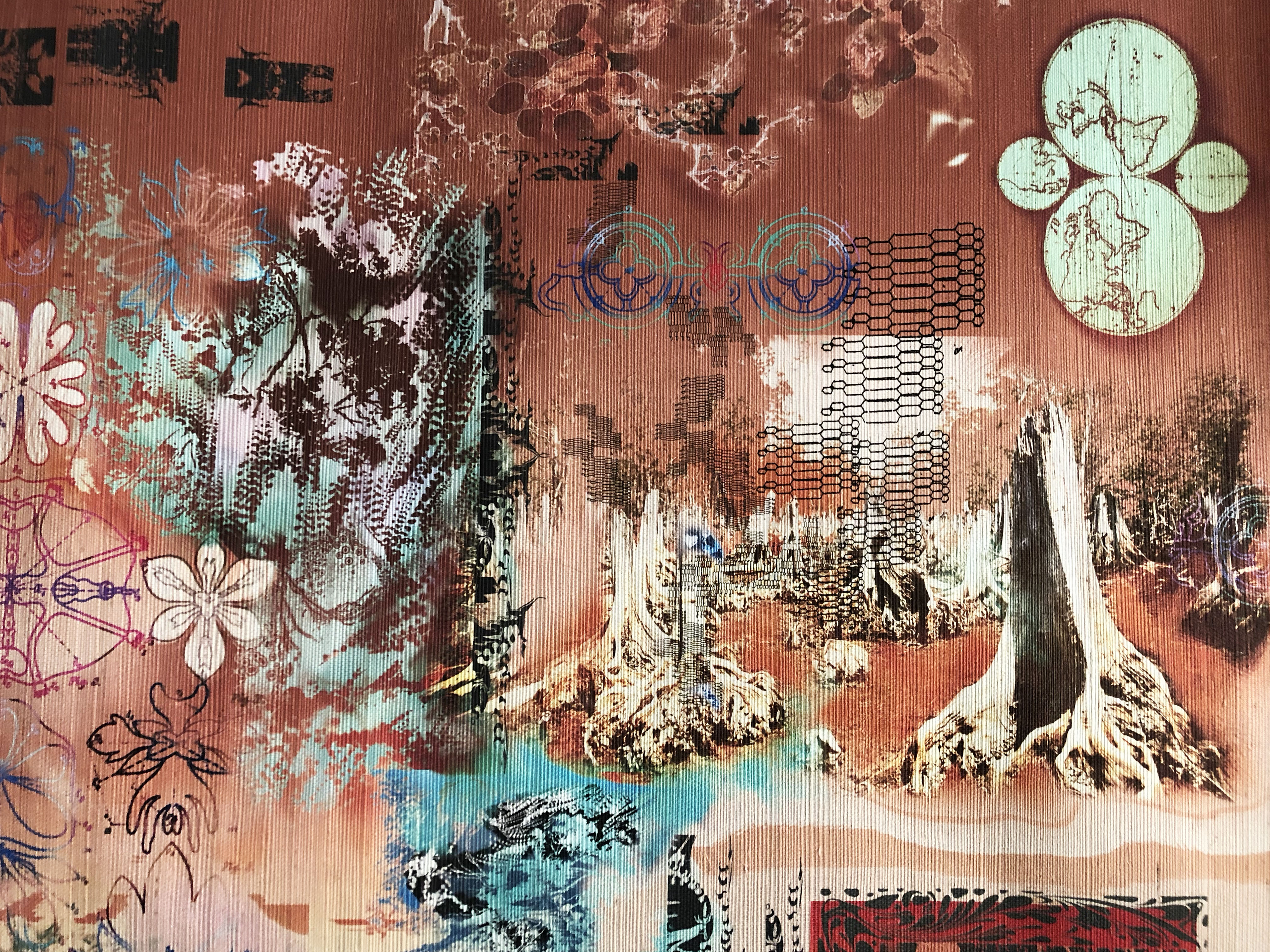 Extinction, 2020, 45" x 35" collage painting on woven grass