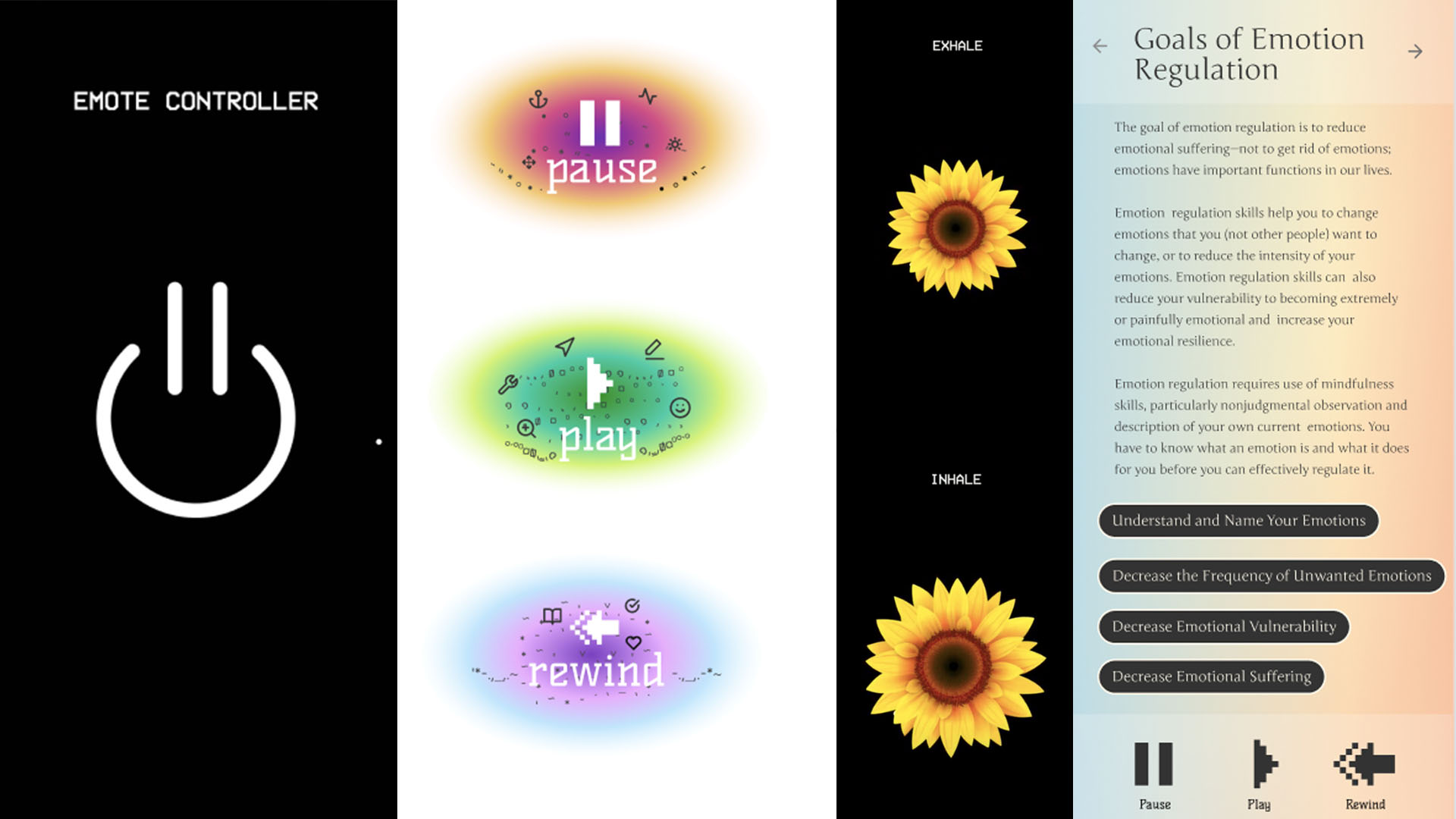 Mostly white poster with a warm radial gradient bursting out with mental wellness symbols in the middle with text that reads “emote controller” with a logo that resembles the “on” icon and a smiley face=). The small text in the footer reads “Emote Controller is a self-help guide to mental wellness that consists of Dialectical Behavioral Therapy-based courses and exercises that help evaluate, understand, and change your thoughts and feelings. –Affordable subscriptions –Learn both new therapy lessons AND exercises –User-friendly design reduces stress” with a black app icon with the emote controller logo and a QR code square.