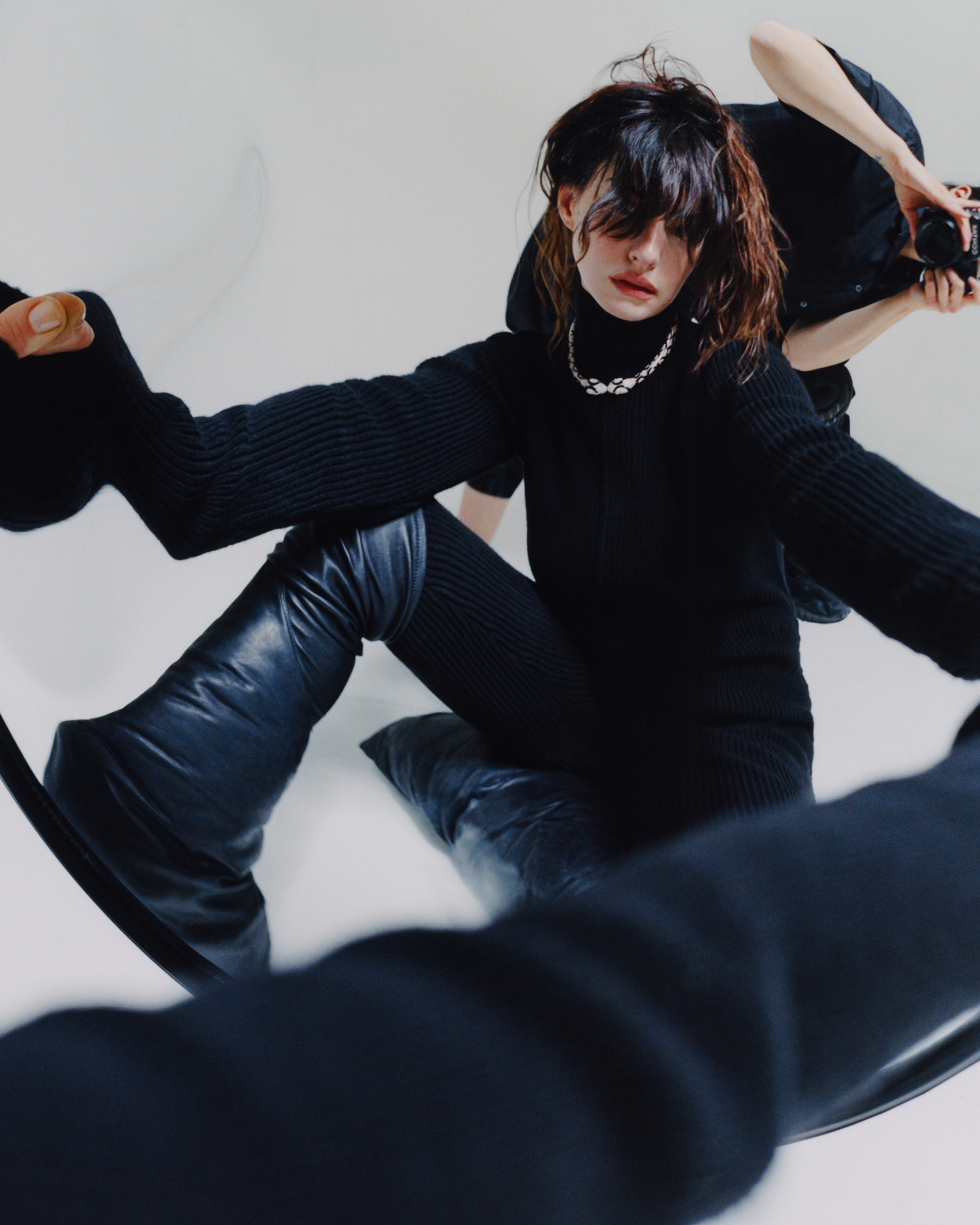 Rick Owens suit + boots, Bulgari necklace.