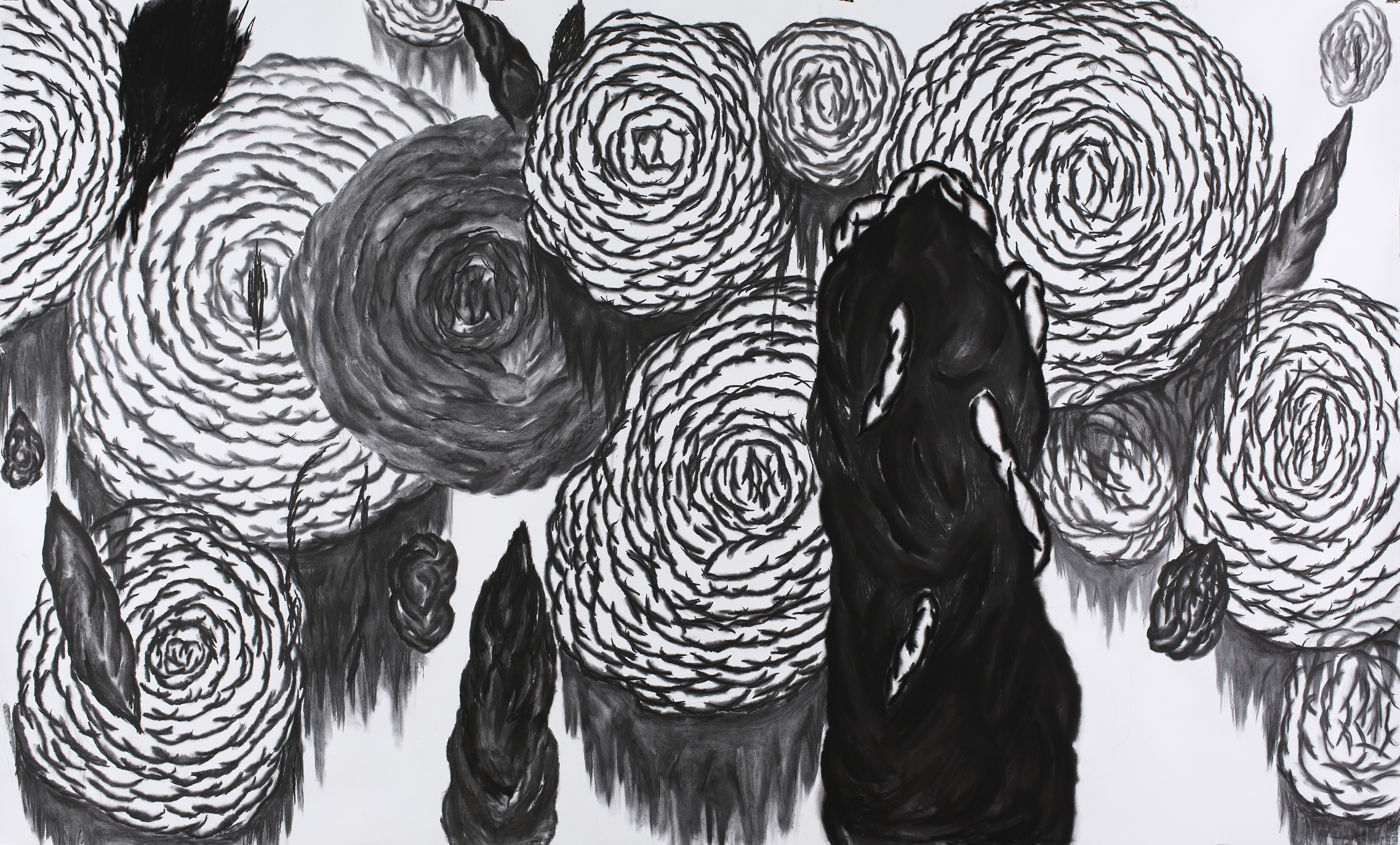 몇 웅큼의 덩어리 A few handful of mass_charcoal on paper_150x250cm_2016