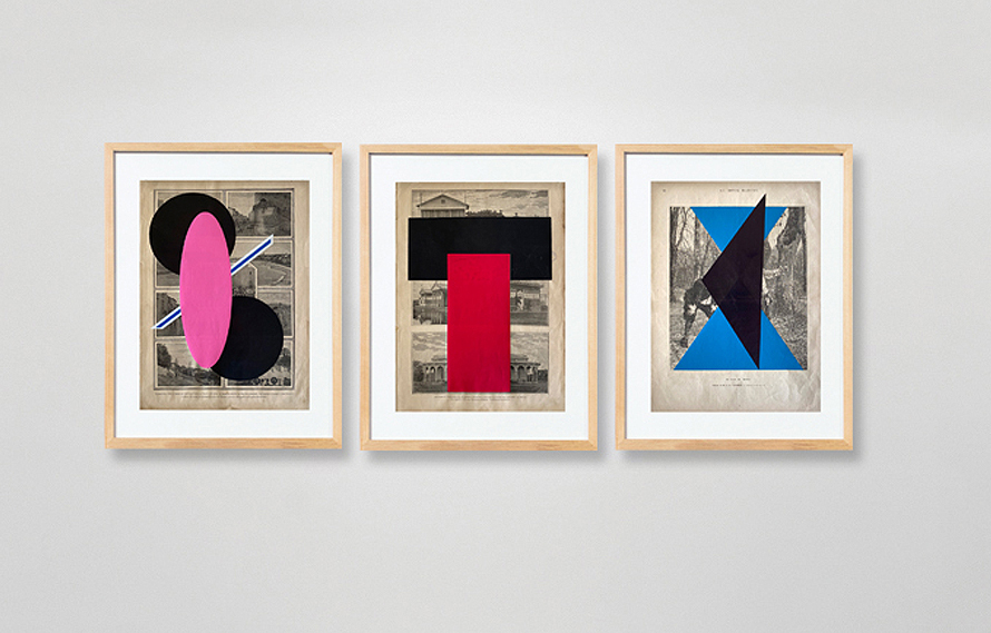 Jorge Cabieses, Torreon en la plaza, 2015. Silkscreen on Spanish painting antique book sheet, 14 x 10 inches. Vecindario de Manila, 2015. Silkscreen on Spanish painting antique book sheet, 14 x 10 inches. Un Coup De Jarnac, 2015.Silkscreen on French painting antique book sheet, 14 x 10 inches.