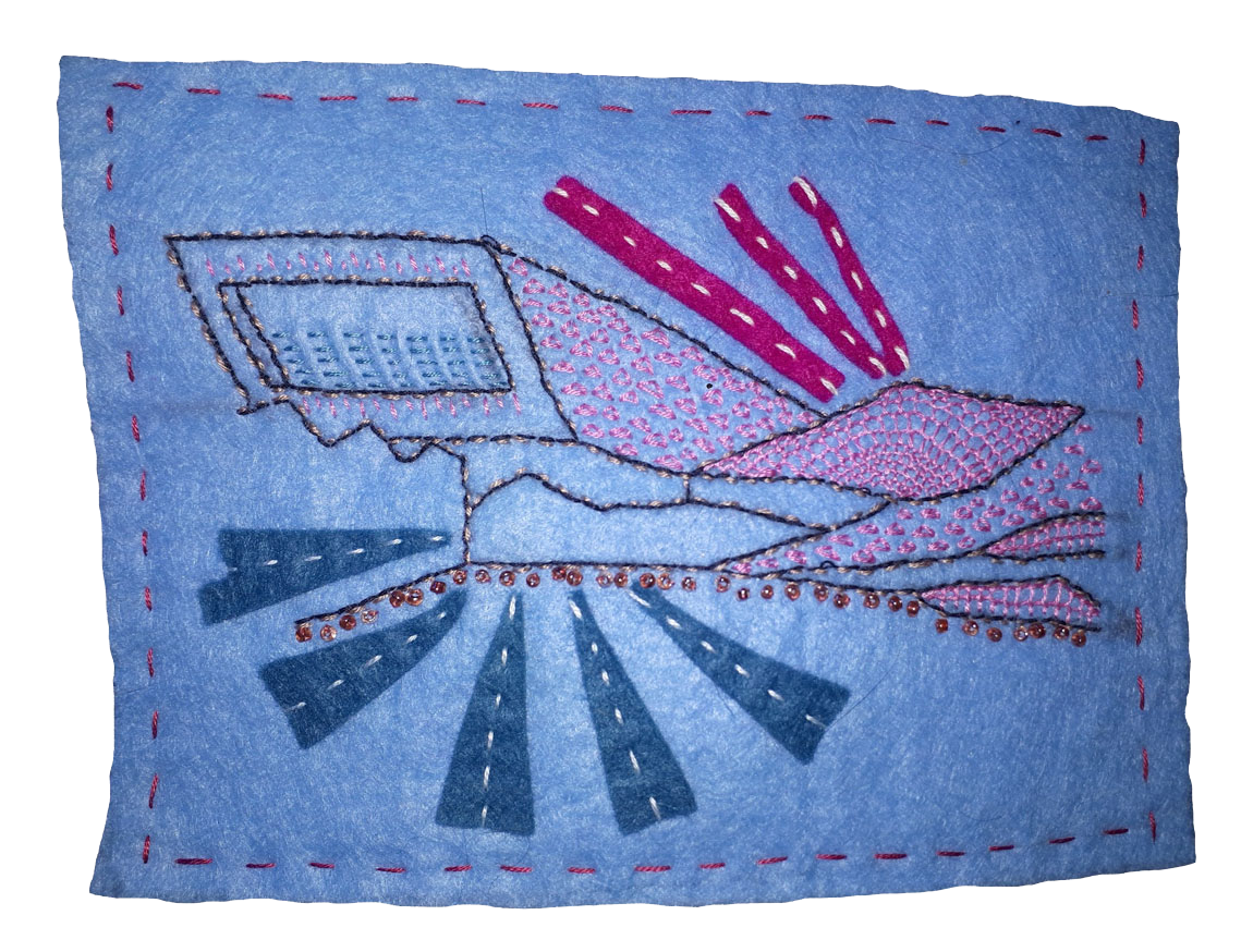 Textiles hanging exploring the Liverpool docks through print, embroidery and drawings.