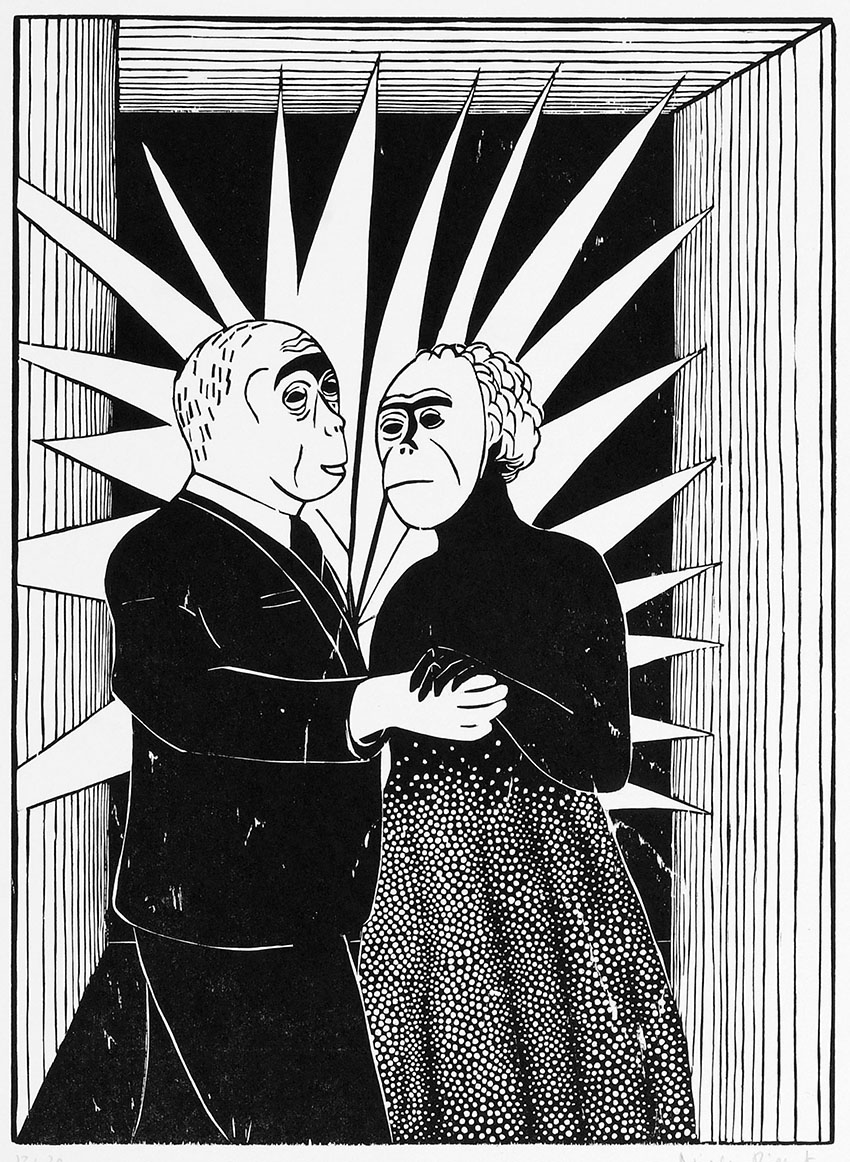 Holzschnittgrafik zum Thema Menschen und Affen