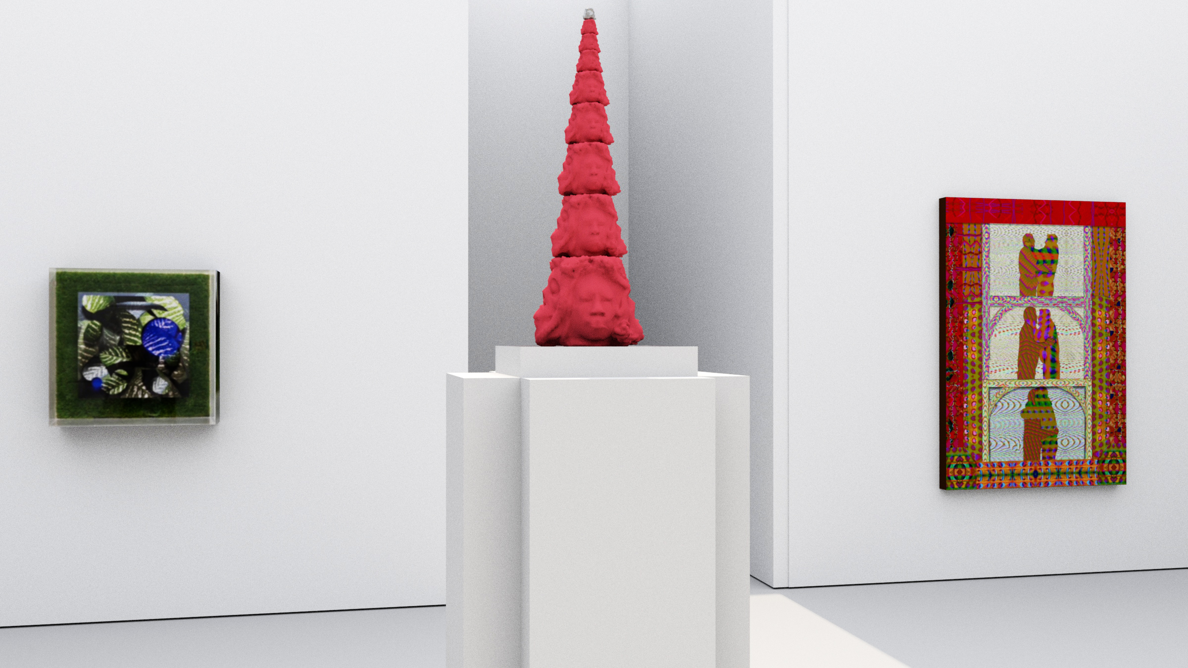 3D visualizations of Digital Combines exhibition, curated by Claudia Hart, Bitforms Gallery, San Francisco, 2022.