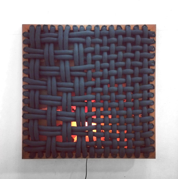 Camp-o-Flauge, 2015. ripstop, canvas, cotton, redwood, lightbulb, 33" x 33" x 9".