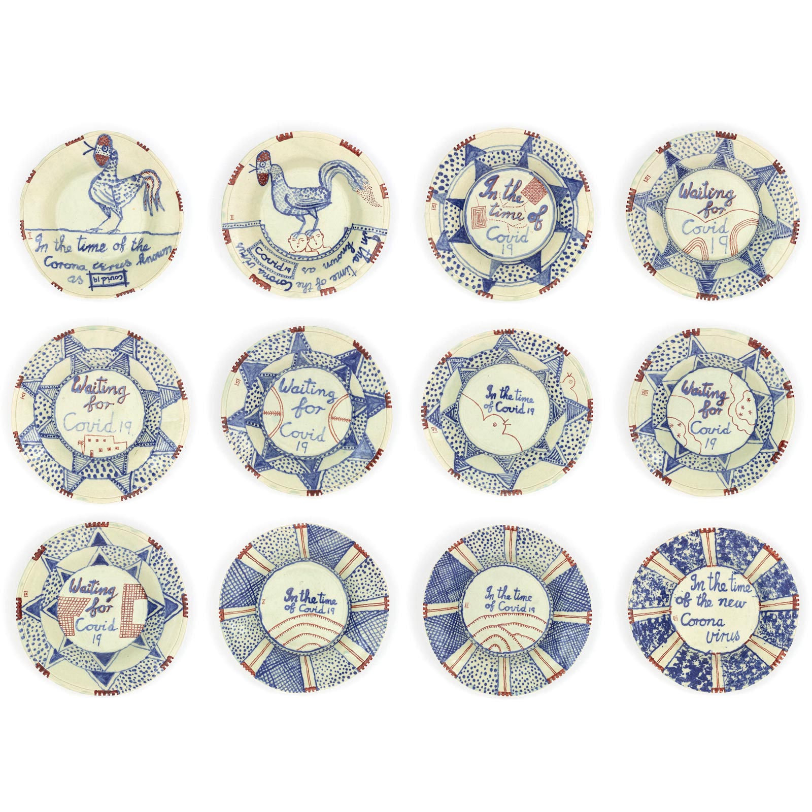 ‘In the time of the corona virus known as Covid 19’ plates, 22-24.4.20Glazed ceramic stoneware4.5 x 27cm eachSet of 12