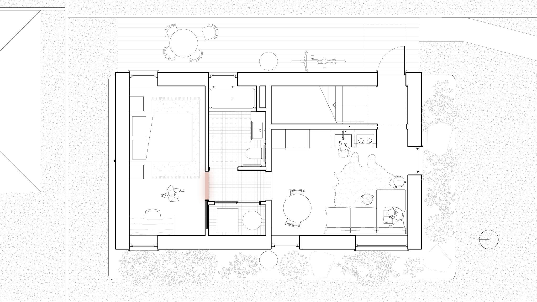 First Floor: A pocket door allows the bedroom to be closed off for privacy, or converted into a playroom / TV room that’s continuous with the living space