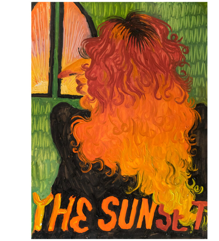A painting of a woman facing away from the viewer, we can see the back of her head and her profile. She is looking out a window at the sunset. Her hair is red at the roots and slowly fades to orange and then yellow at the ends. There is text that reads: "The sunset".