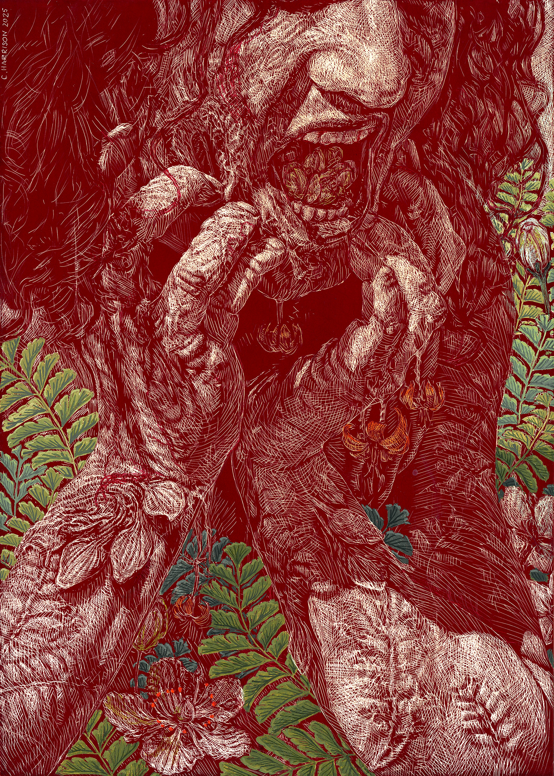 Run Tree to Tree. Ink and gouache on scratchboard. 2025.