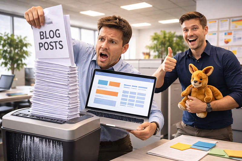 Humorous stock photo prioritising SEO for SaaS pricing pages over generic blogs