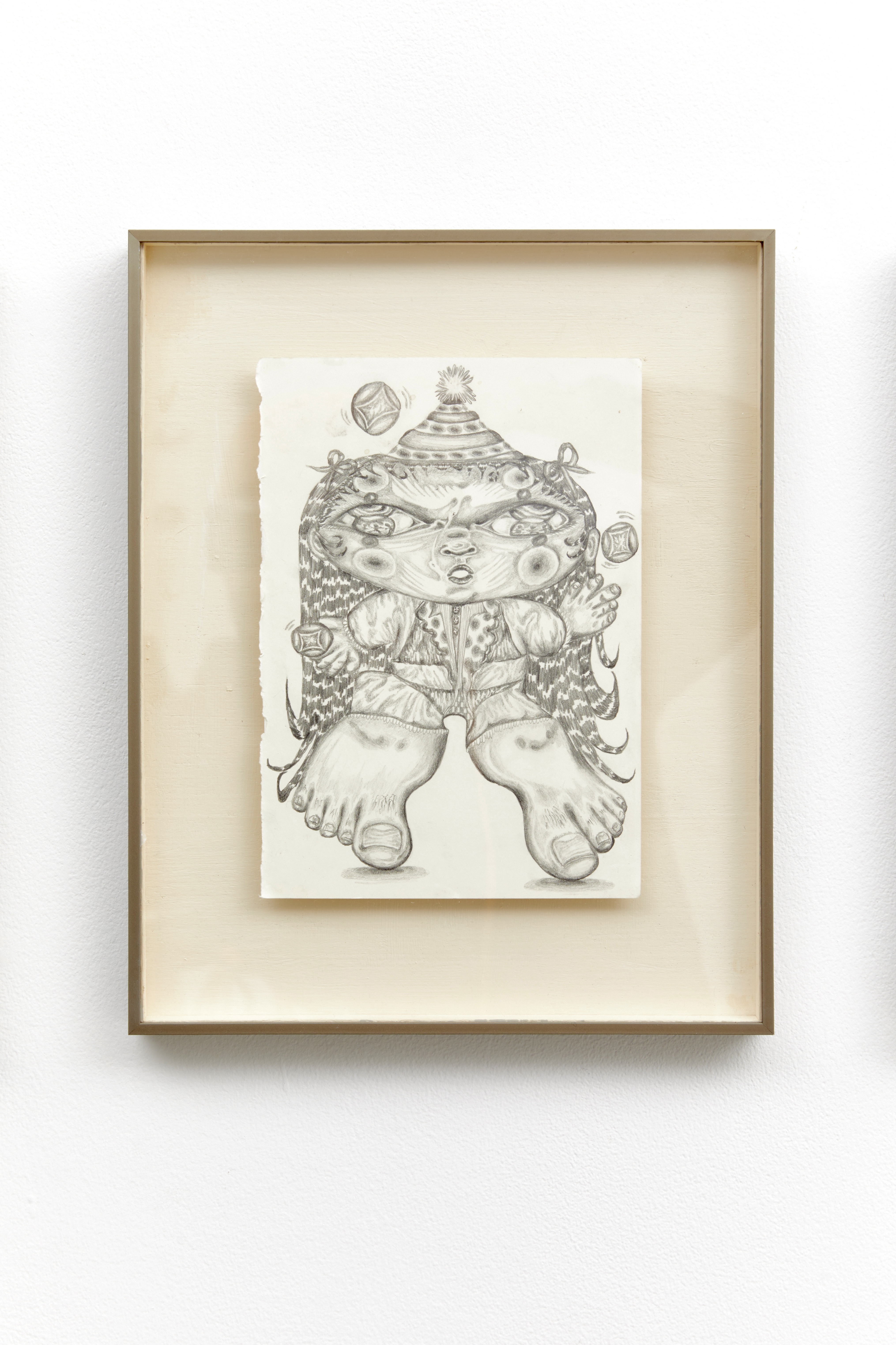 juggling doll 2025 graphite on paper 21 x 15 cm paper, 31 x 25 cm framed