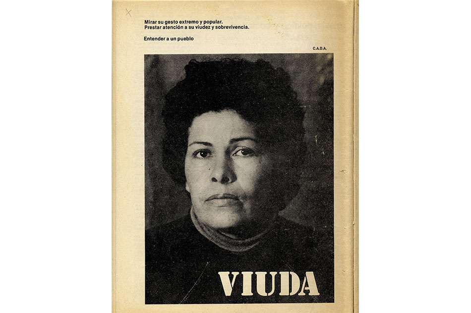 C.A.D.A.Viuda, 1985Prensa acción, 2 imágenes de la inserción fotográfica en la revista HOY y APSI, y un videoImágenes: 38,5 x 28 cmVideo: 1’ 06’’Foto ©Paz Errázuriz