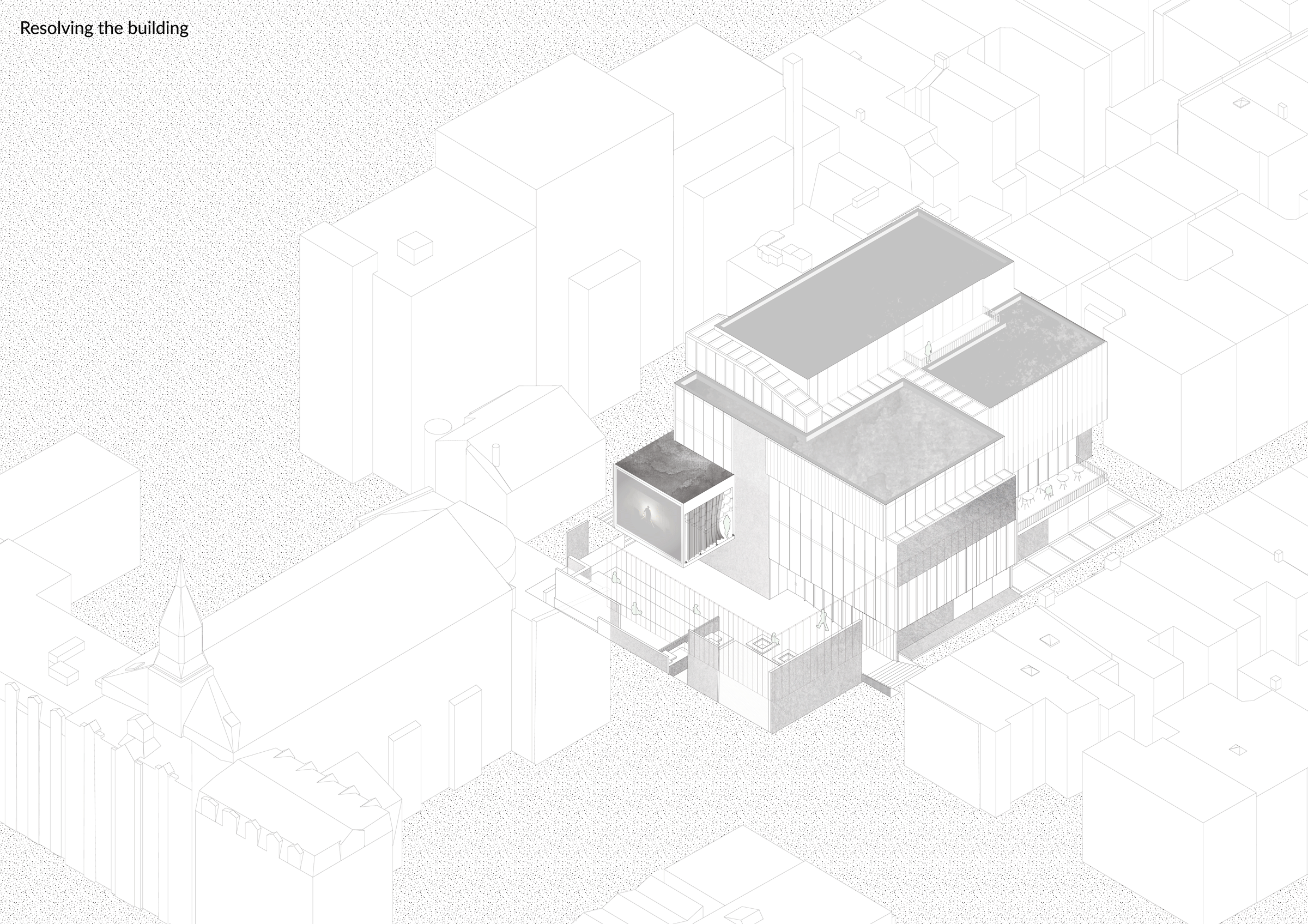 The diagram above shows how the interstice acts as a programmatic device: the library program is articulated around the same rigorous axes that helped define the building form.