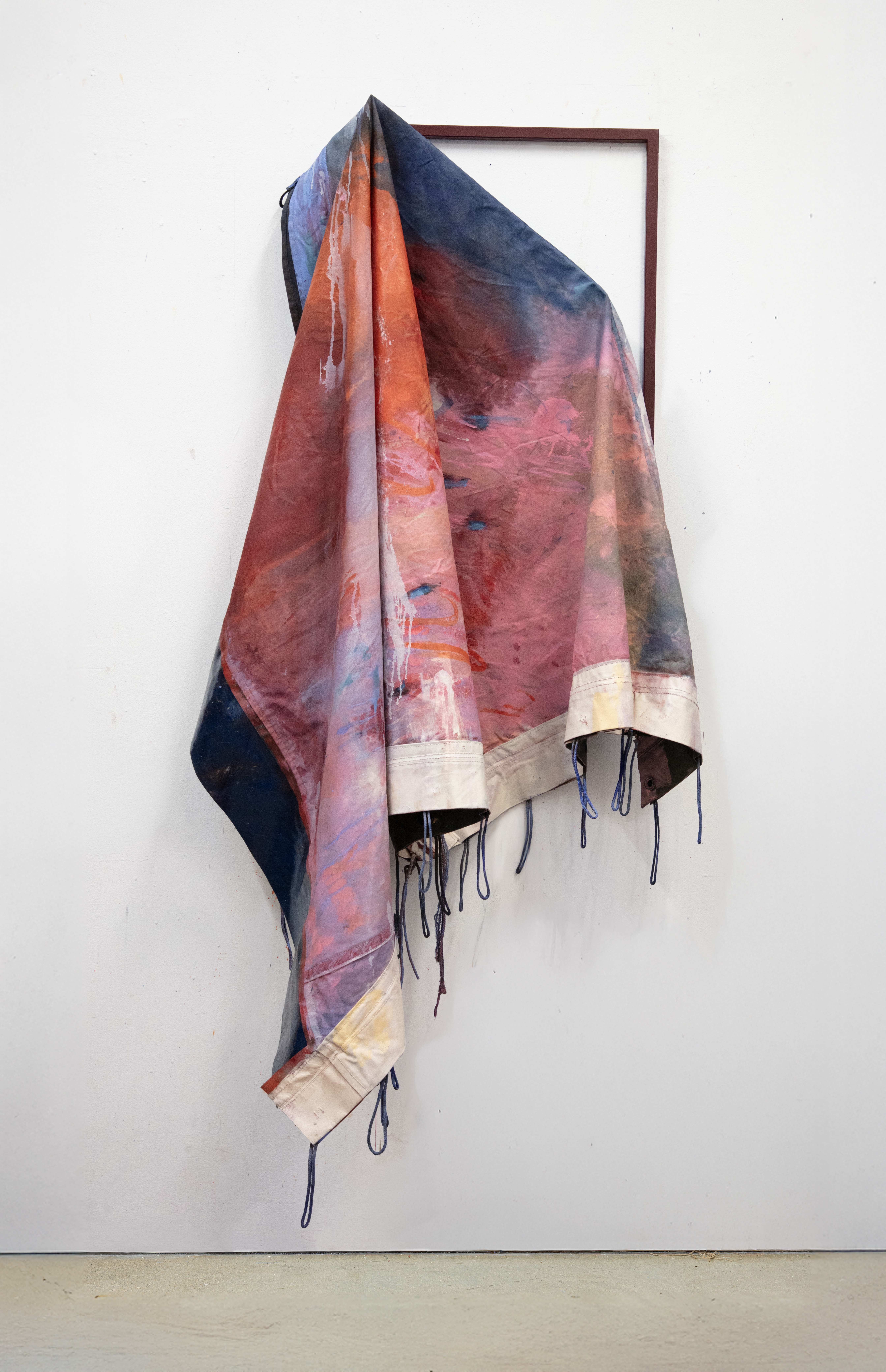 Jo Dennis Little Sister, 2026 Oil, acrylic, and spray paint on military surplus canvas and steel. 76 3/4 x 31 1/2 x 15 3/4 in 195 x 80 x 40 cm