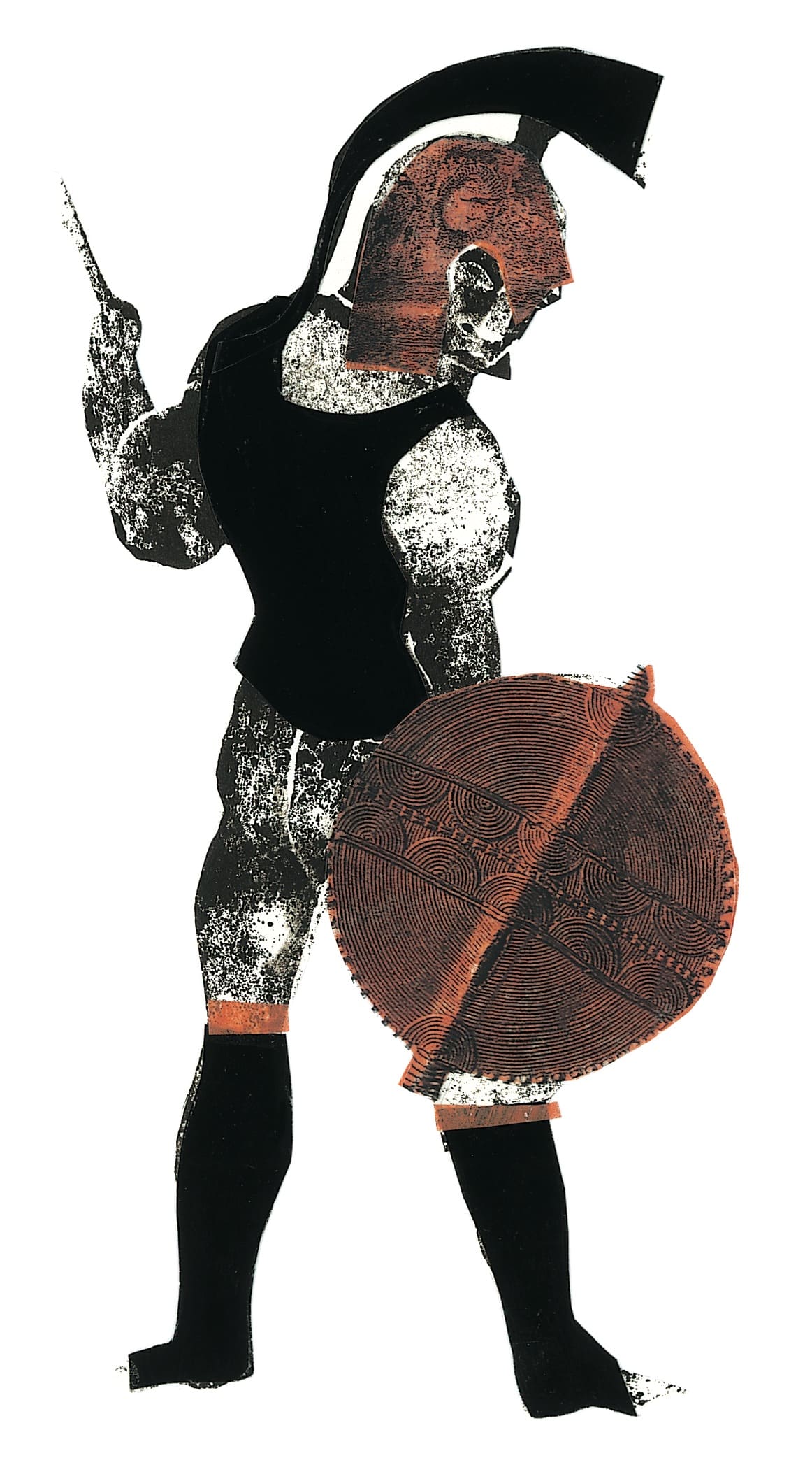 The grudge of AchillesLinocut, printed with oil paint, collage elementsSerie: The saga of Troy's fall/Text: Franz FühmannPublisher: Hinstorff Verlag, Rostock, 2011