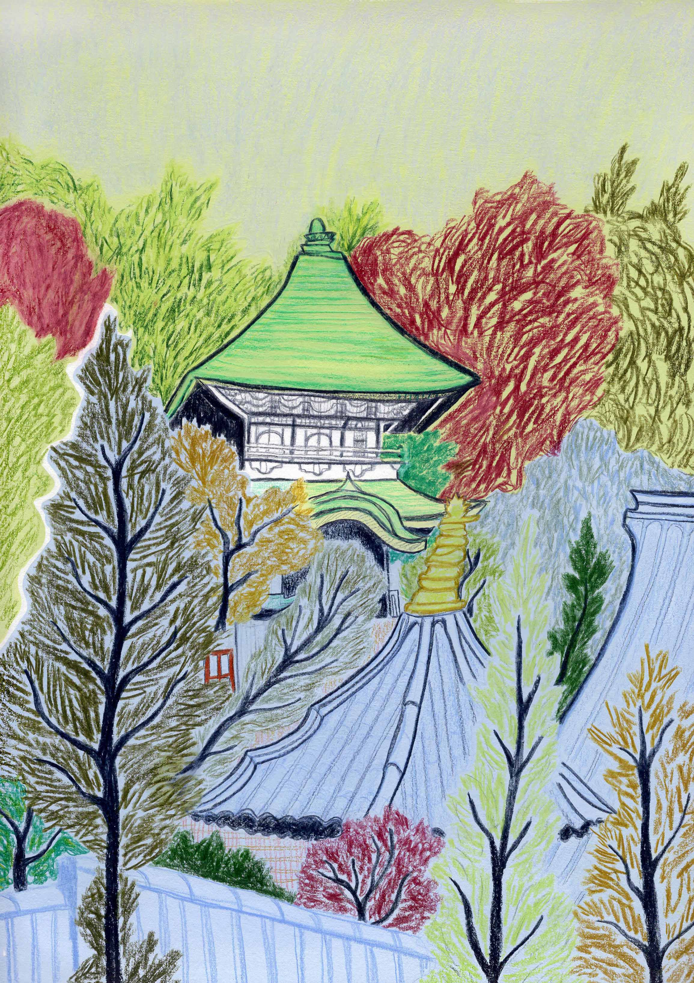 Through the Trees, Gouache and colour pencil on paper, 25 x 34 cm, SOLD