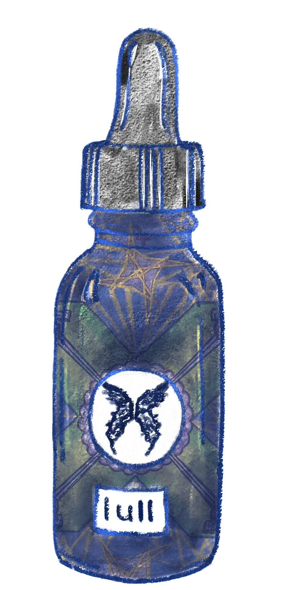 vero's illustration of a blue-tinted glass dropper bottle with butterfly logo and label "lull" and the image of 4 of swords from thoth tarot contained within the translucent bottle