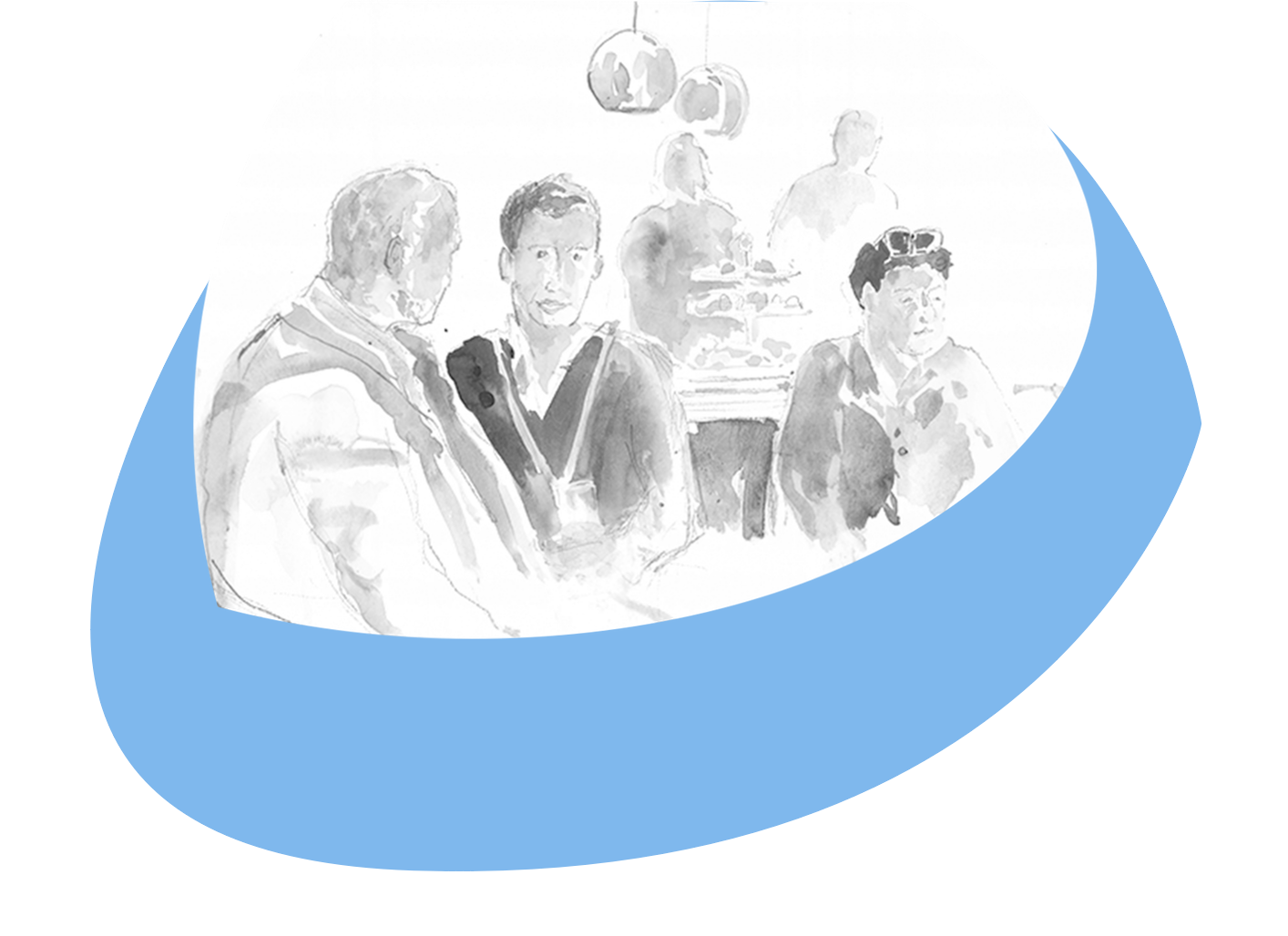 A black and white watercolour illustration of 3 people sitting around a table. Behind this image is a blue, abstract, curved shape