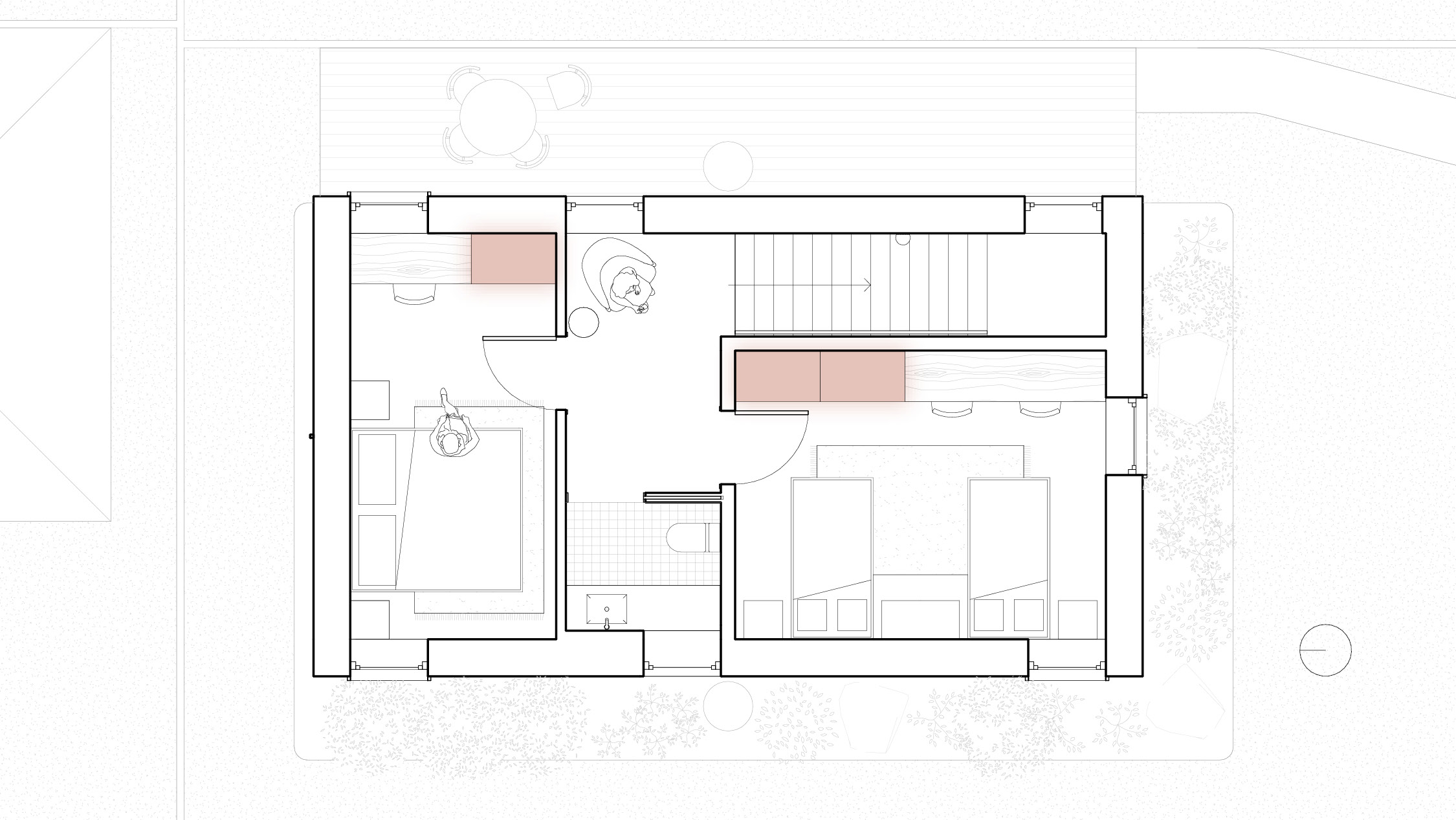 Second Floor: Instead of built-in closets, off-the-shelf storage wardrobes save cost & create flexibility