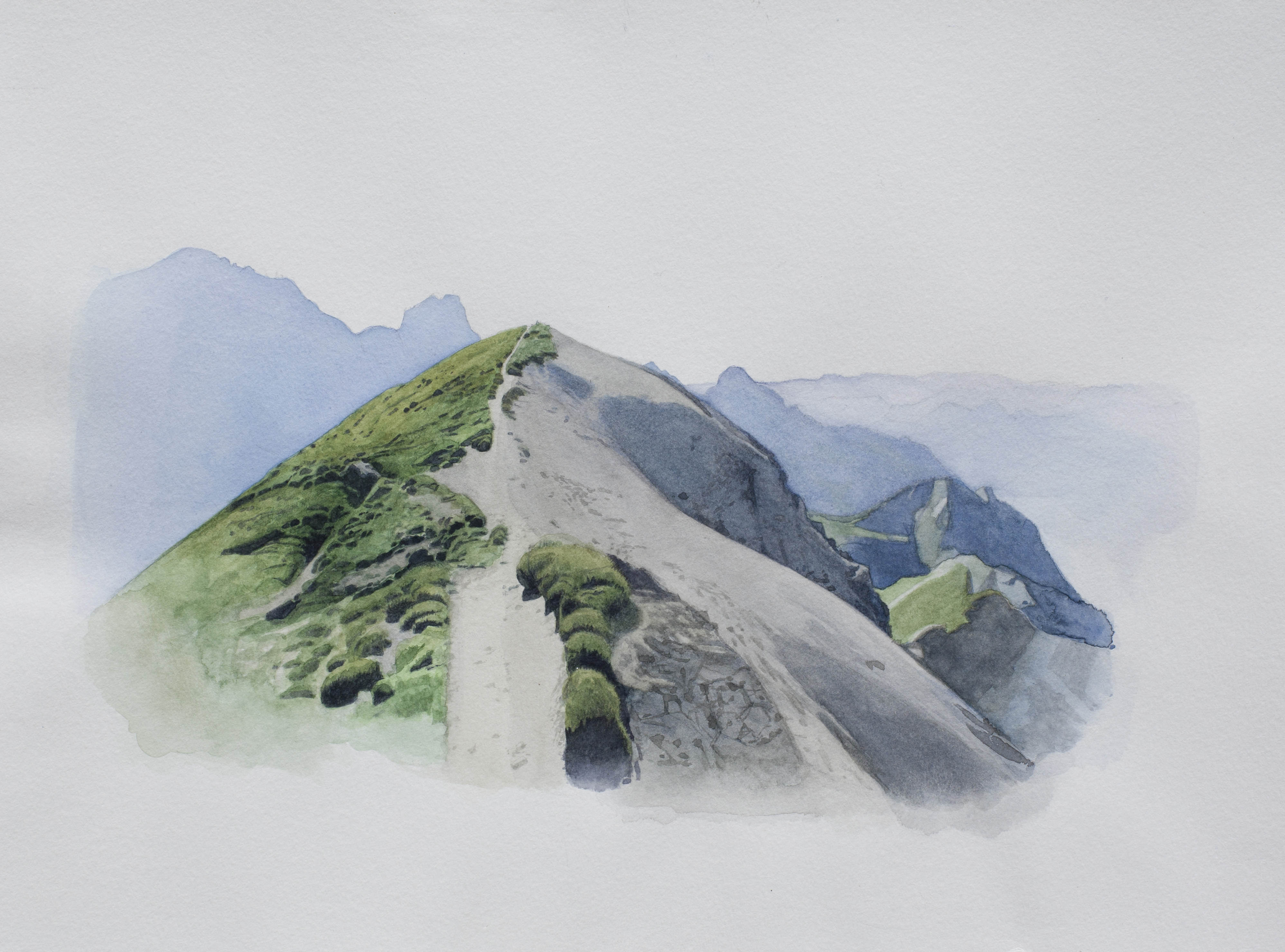 Chemin de cr&ecirc;te: Queyras, entre la t&ecirc;te et le col de Girardin (graphite et aquarelle sur papier, 29,7x42cm, f&eacute;vrier 2024)