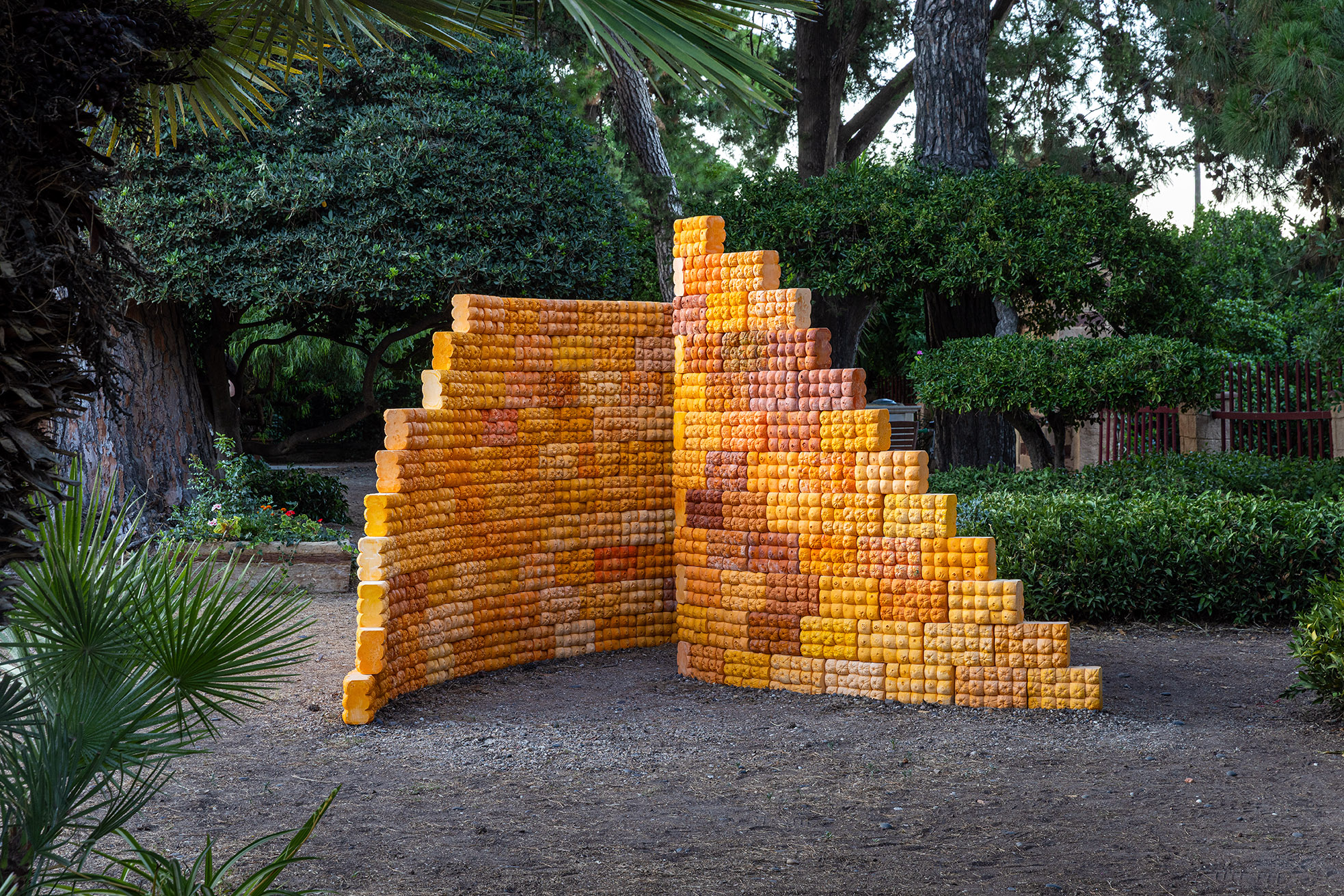 Martha Dimitropoulou, OrangeWall, new commission for the exhibition ONCE WE WERE GARDENS, 2025, DEO, Karavas Estate,Kampos, Chios Island, Greece, courtesy of the artist and DEO, photo: Nikos Alexopoulos