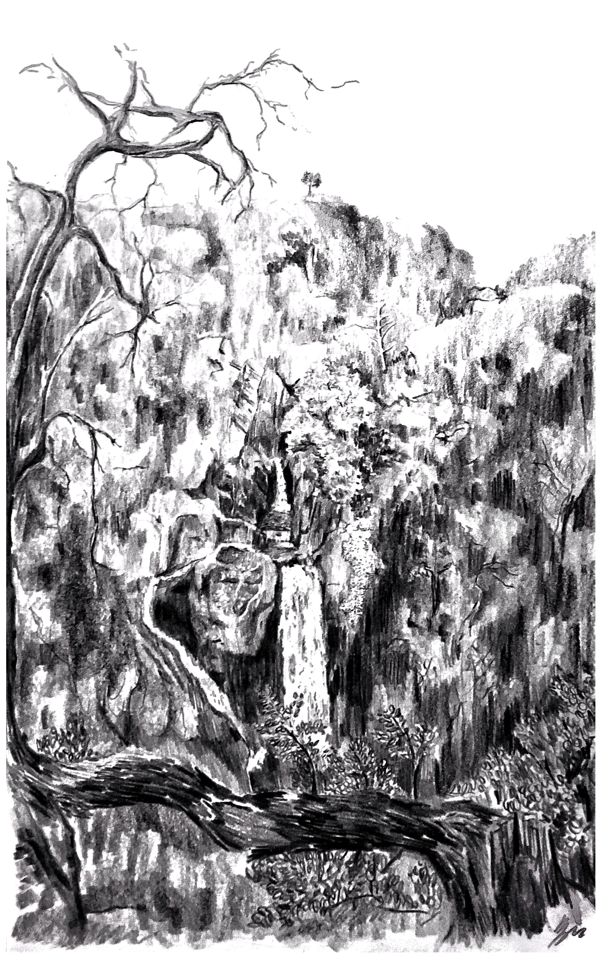 ‘self-portrait on a waterfall’, 2019, graphite on paper